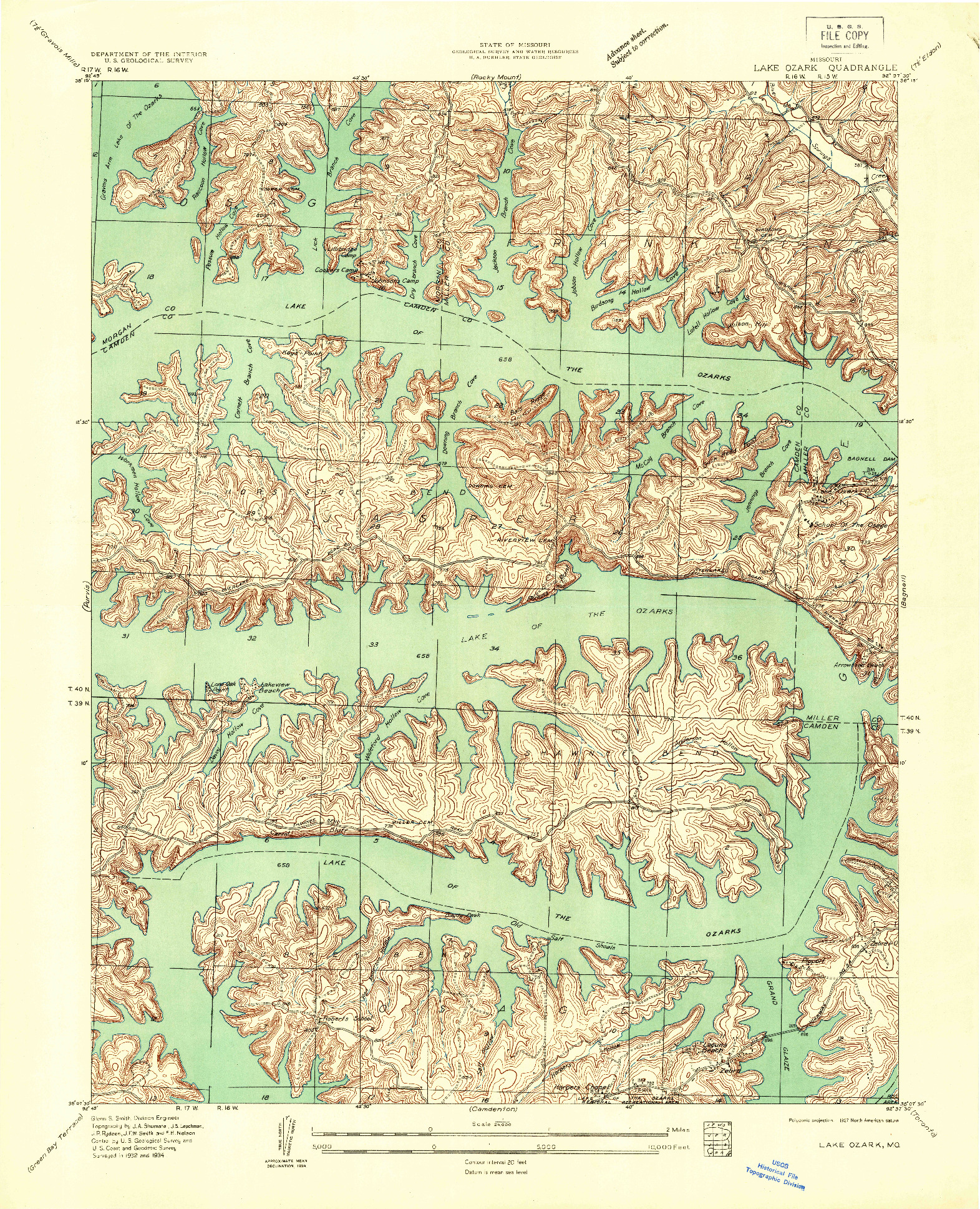 USGS 1:24000-SCALE QUADRANGLE FOR LAKE OZARK, MO 1934