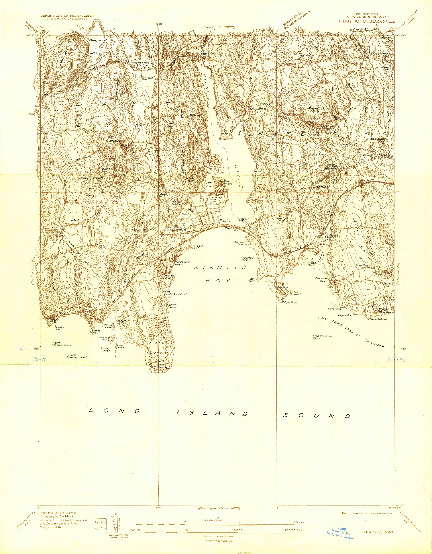 USGS 1:24000-SCALE QUADRANGLE FOR NIANTIC, CT 1934