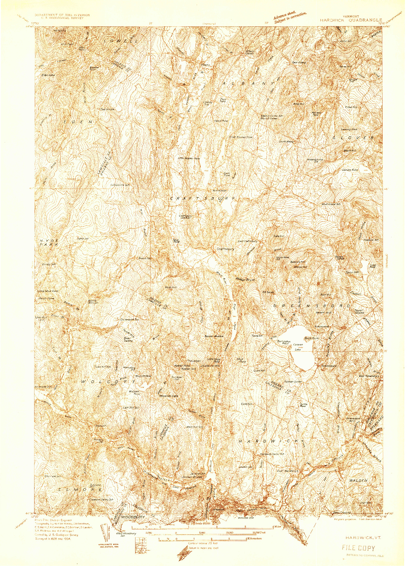 USGS 1:48000-SCALE QUADRANGLE FOR HARDWICK, VT 1934