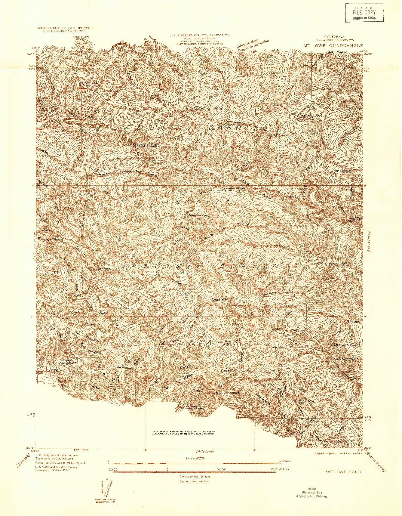 USGS 1:24000-SCALE QUADRANGLE FOR MT. LOWE, CA 1934