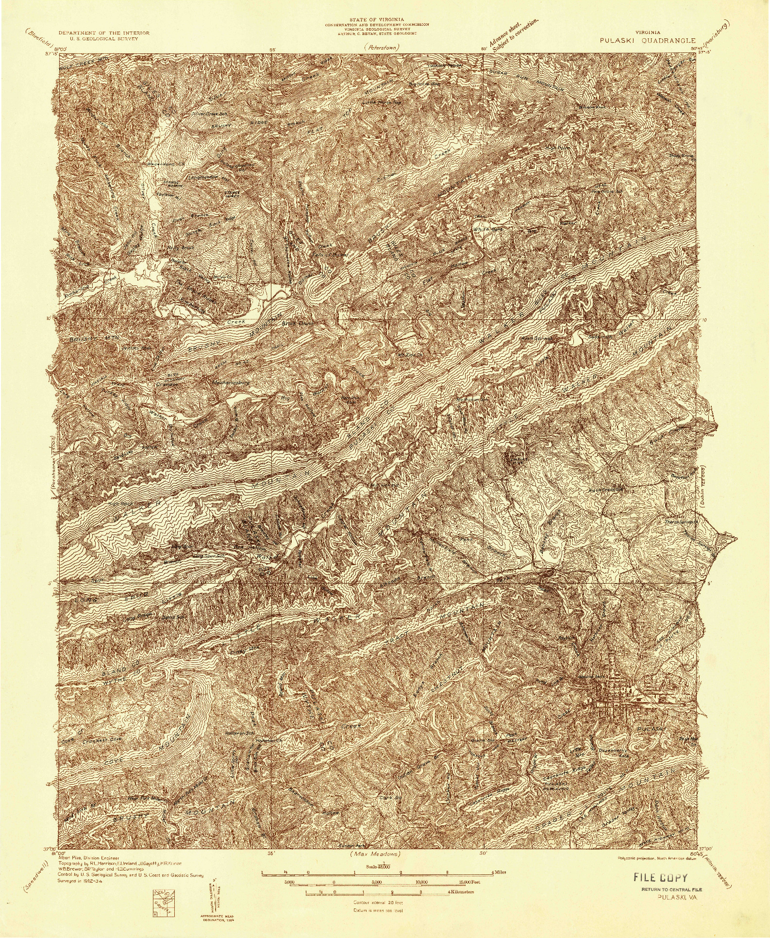 USGS 1:48000-SCALE QUADRANGLE FOR PULASKI, VA 1934