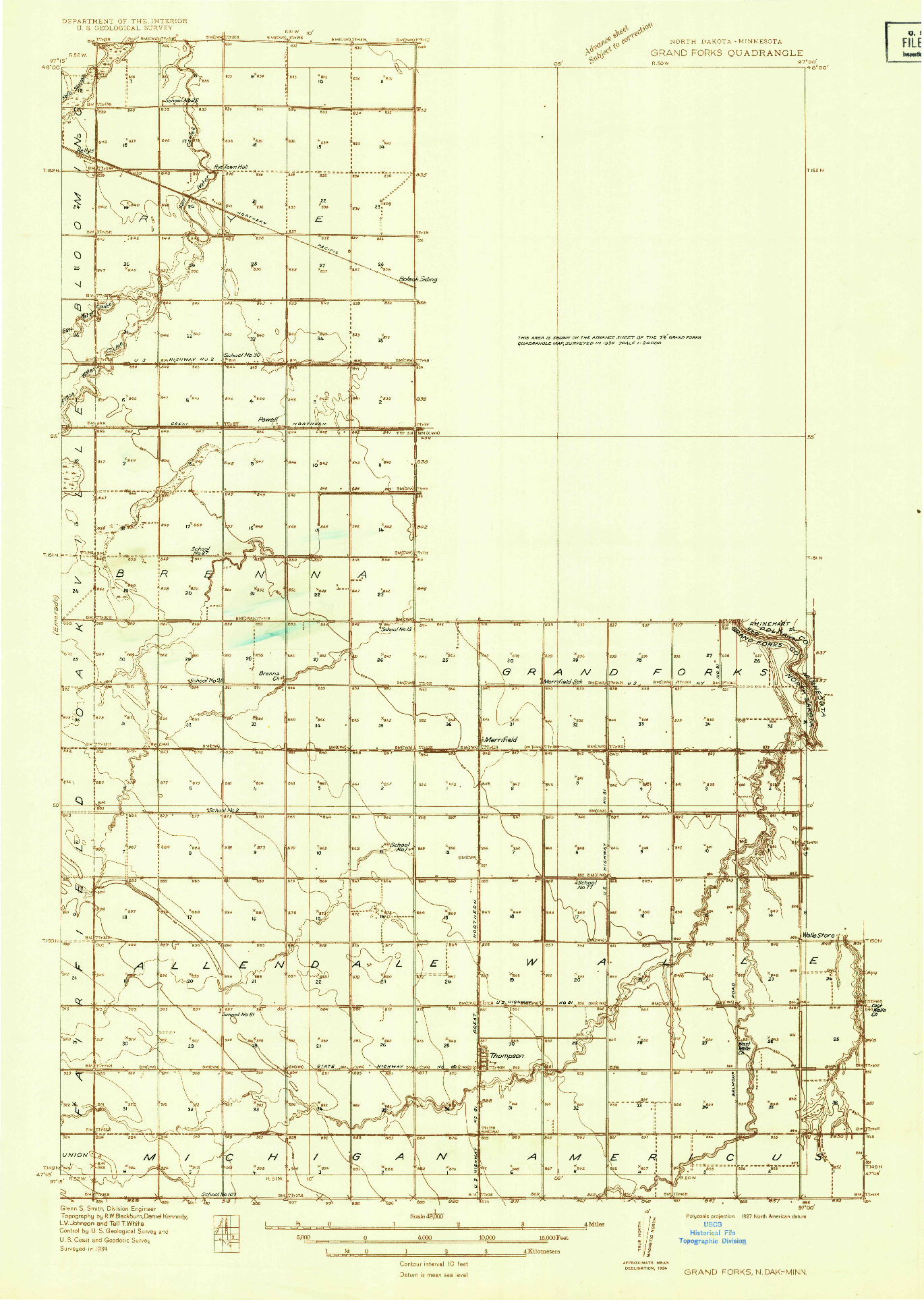 USGS 1:48000-SCALE QUADRANGLE FOR GRAND FORKS, ND 1934