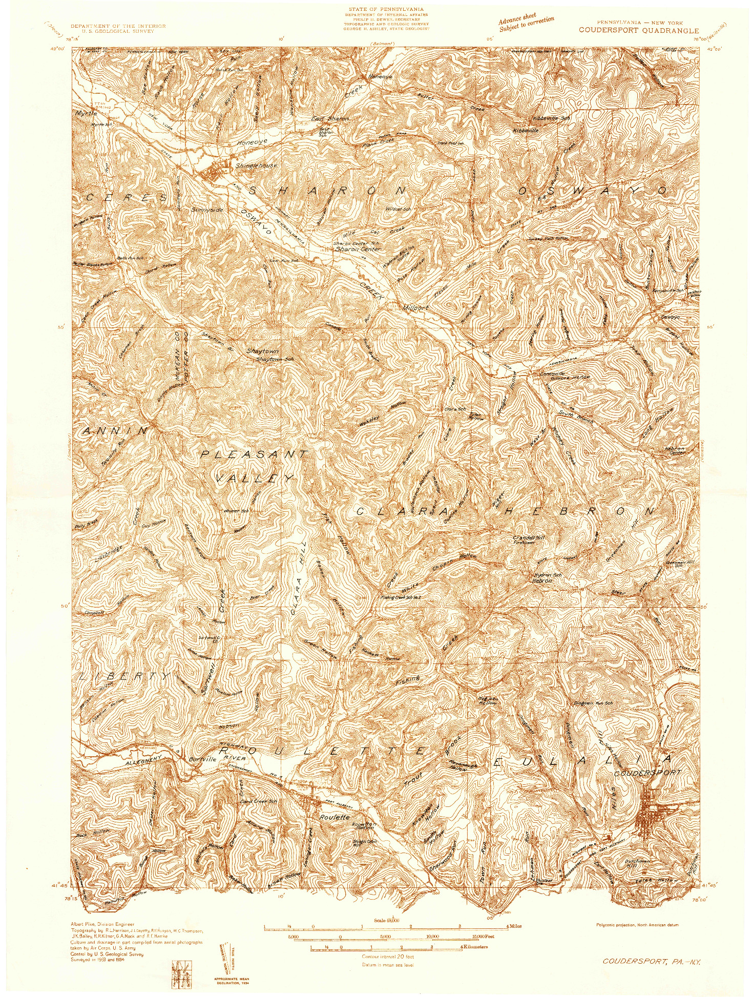 USGS 1:48000-SCALE QUADRANGLE FOR COUDERSPORT, PA 1934