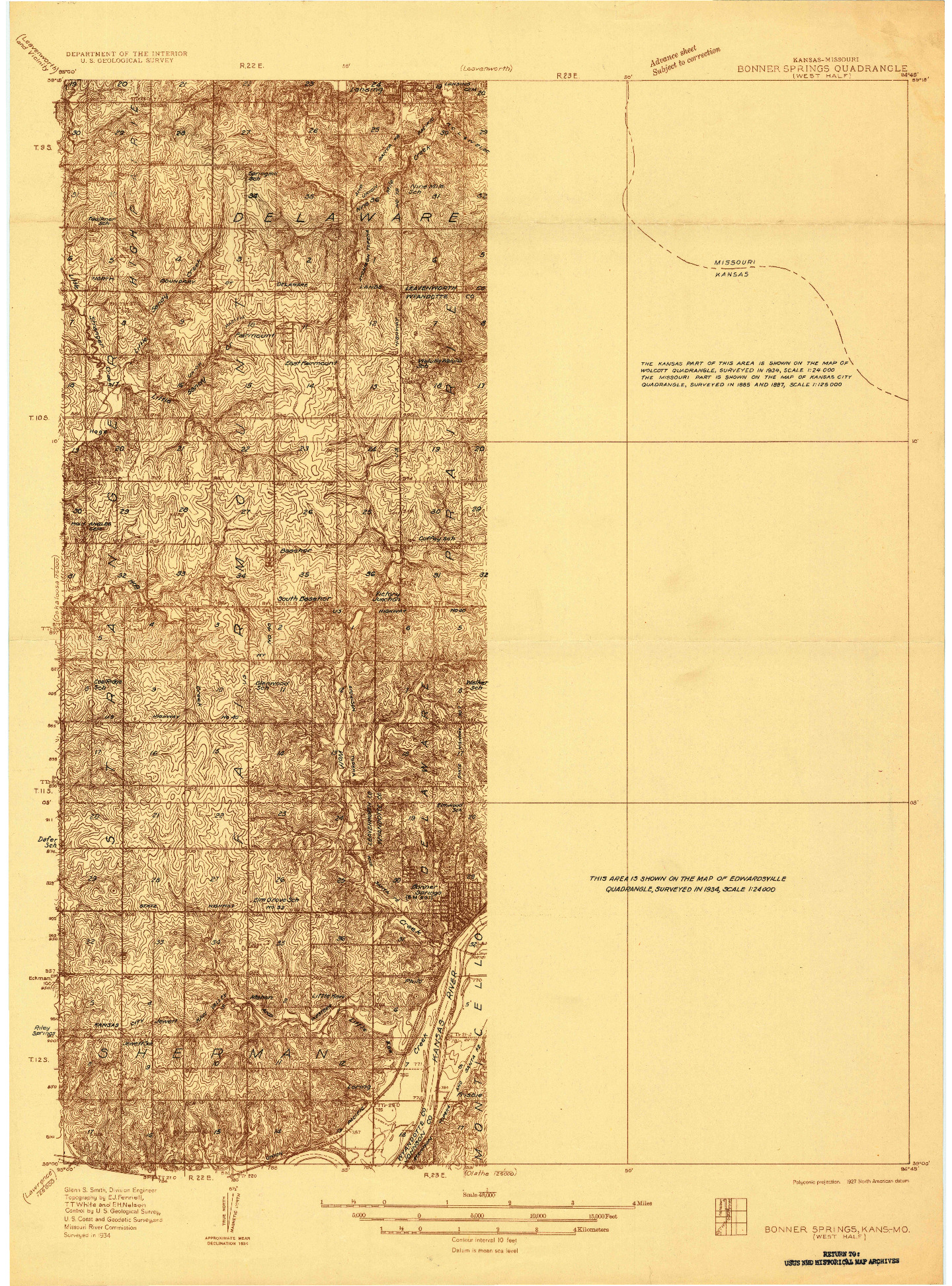 USGS 1:48000-SCALE QUADRANGLE FOR BONNER SPRINGS, KS 1934