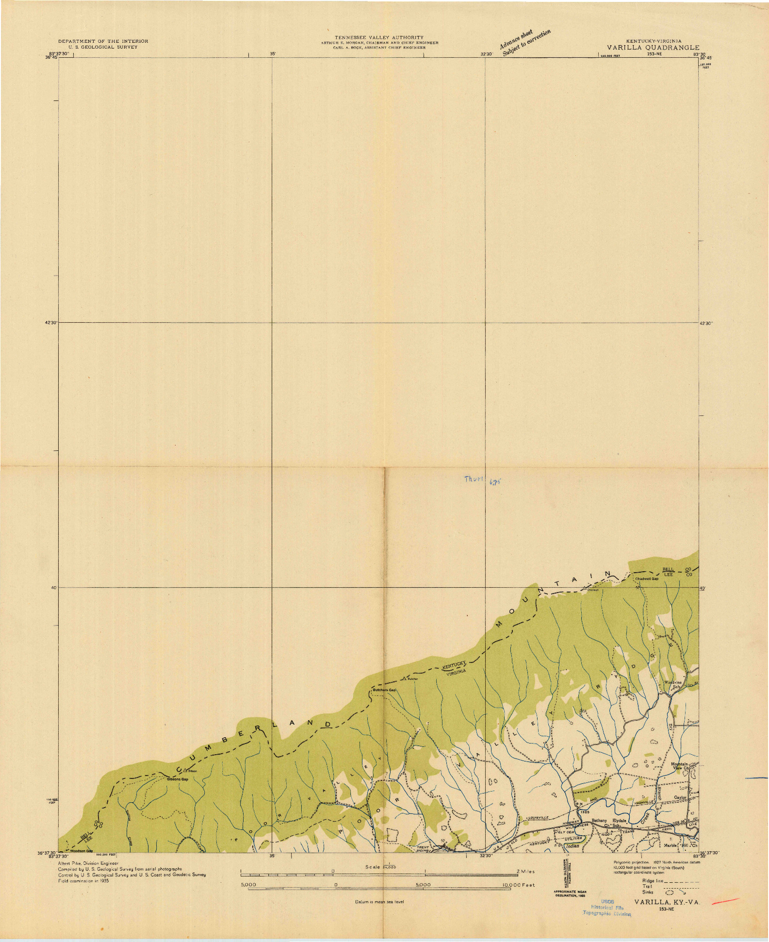 USGS 1:24000-SCALE QUADRANGLE FOR VARILLA, KY 1935