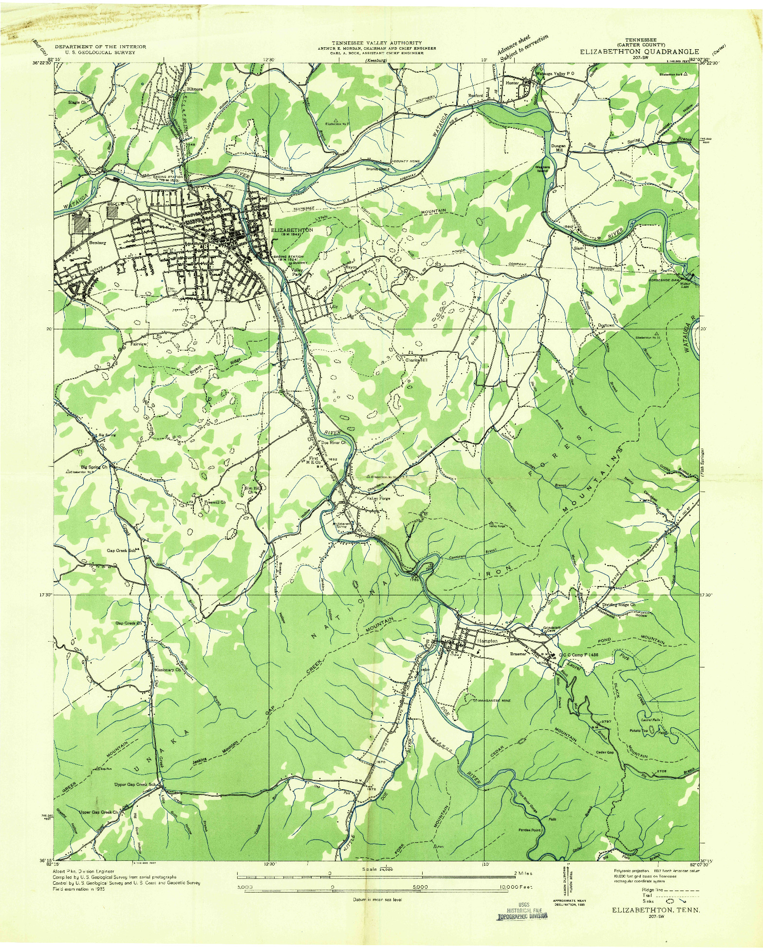 USGS 1:24000-SCALE QUADRANGLE FOR ELIZABETHTON, TN 1935