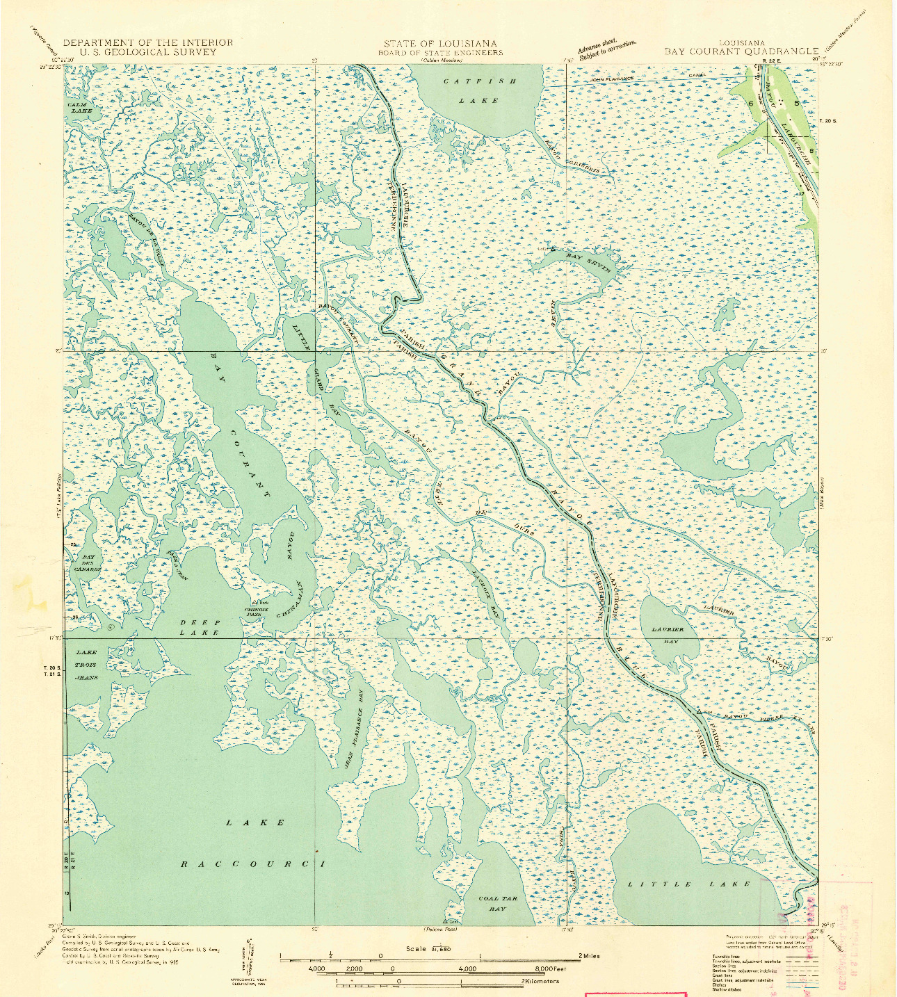USGS 1:31680-SCALE QUADRANGLE FOR BAY COURANT, LA 1935