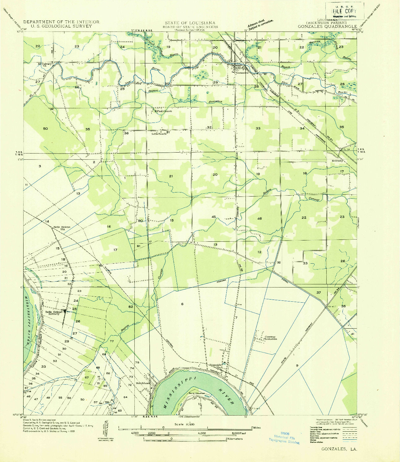 USGS 1:31680-SCALE QUADRANGLE FOR GONZALES, LA 1935
