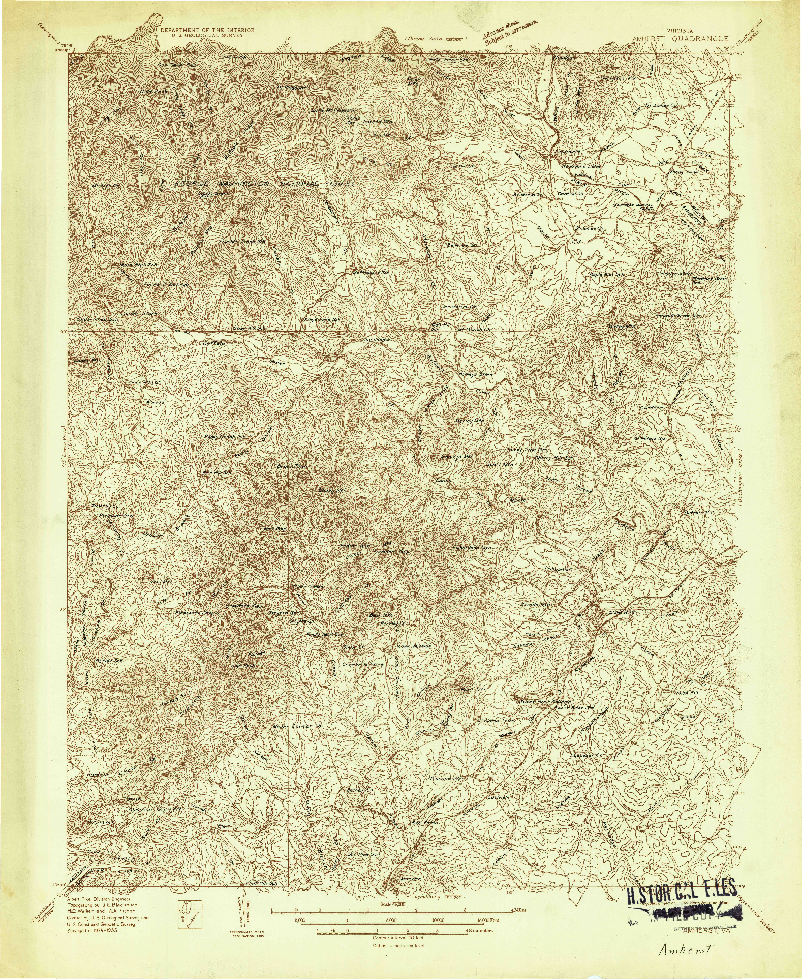 USGS 1:48000-SCALE QUADRANGLE FOR AMHERST, VA 1935