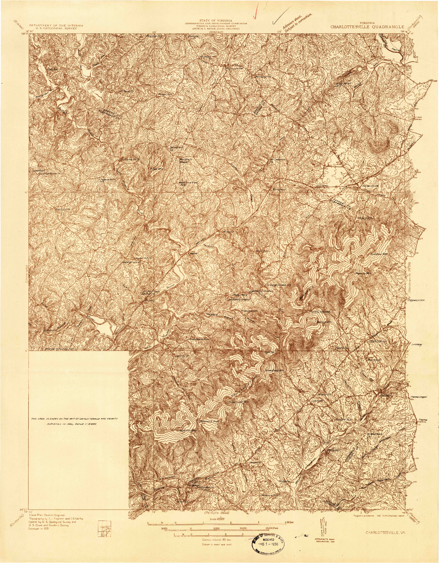 USGS 1:48000-SCALE QUADRANGLE FOR CHARLOTTESVILLE, VA 1935