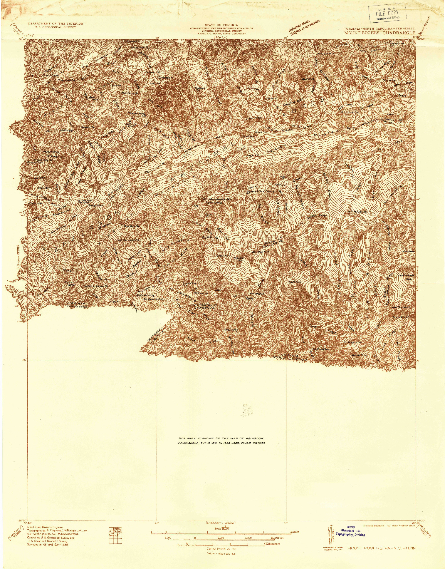 USGS 1:48000-SCALE QUADRANGLE FOR MOUNT ROGERS, VA 1935