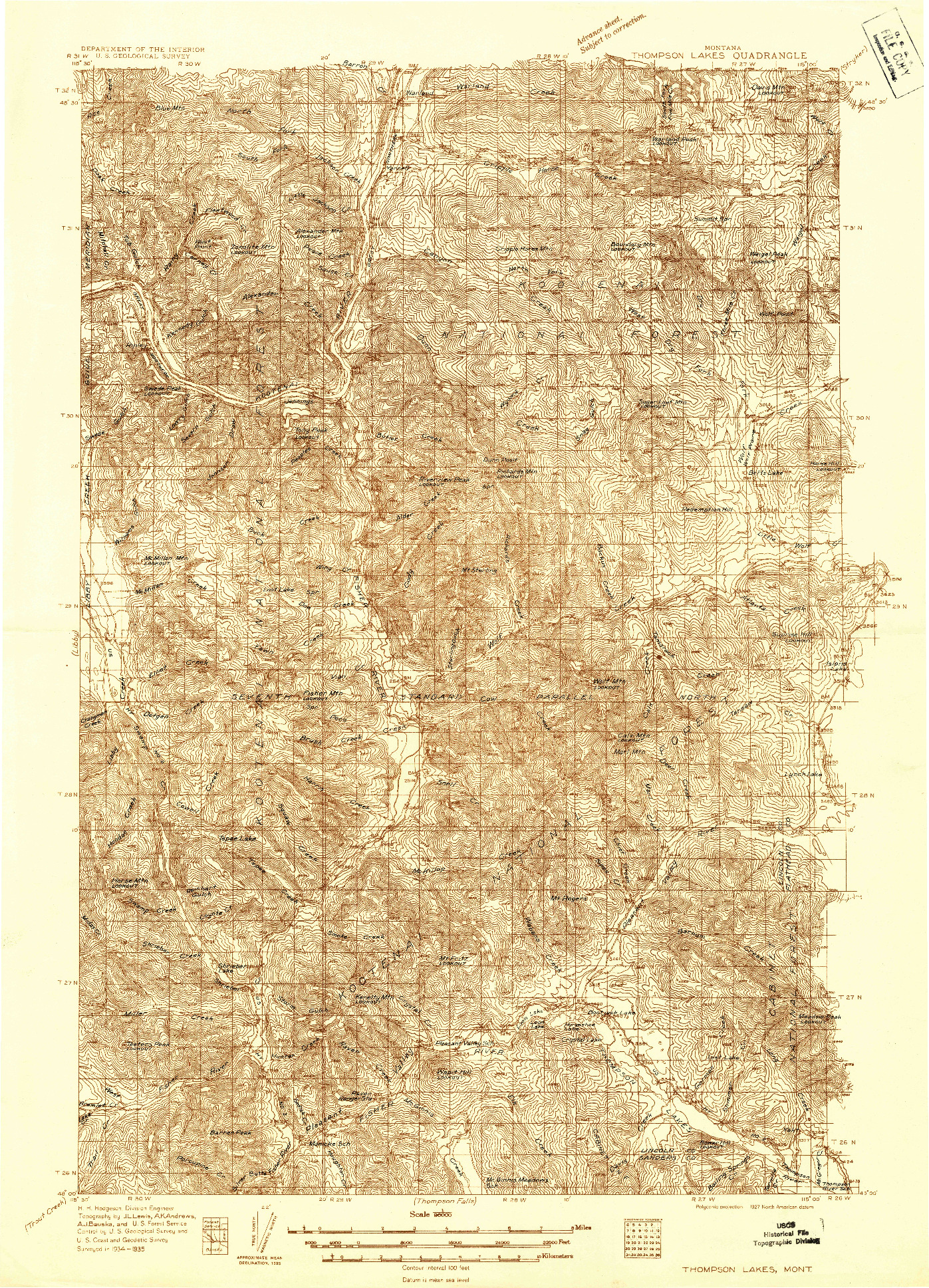 USGS 1:96000-SCALE QUADRANGLE FOR THOMPSON LAKES, MT 1935
