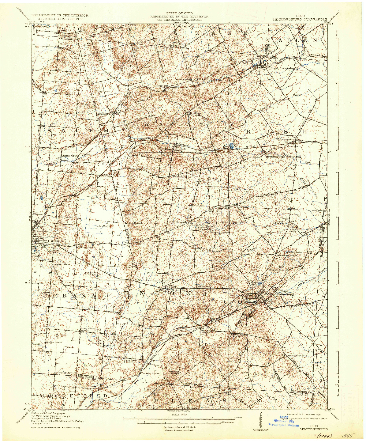 USGS 1:62500-SCALE QUADRANGLE FOR MECHANICSBURG, OH 1916