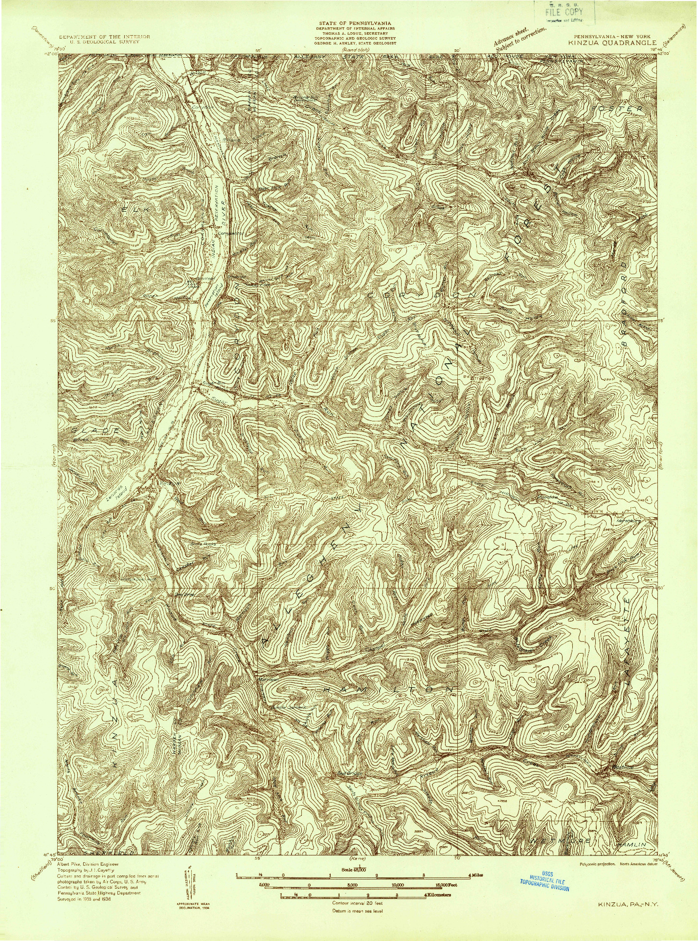 USGS 1:48000-SCALE QUADRANGLE FOR KINZUA, PA 1936