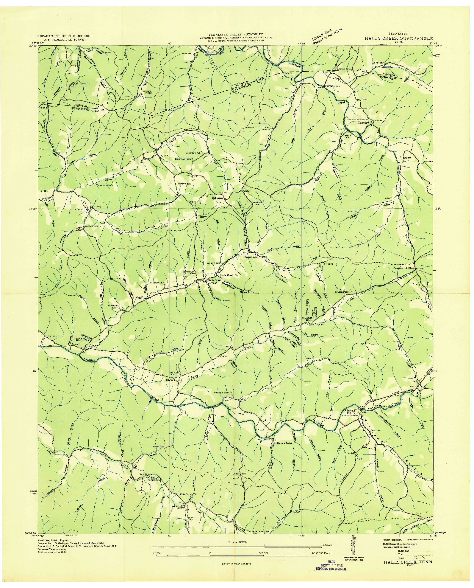USGS 1:24000-SCALE QUADRANGLE FOR HALLS CREEK, TN 1936