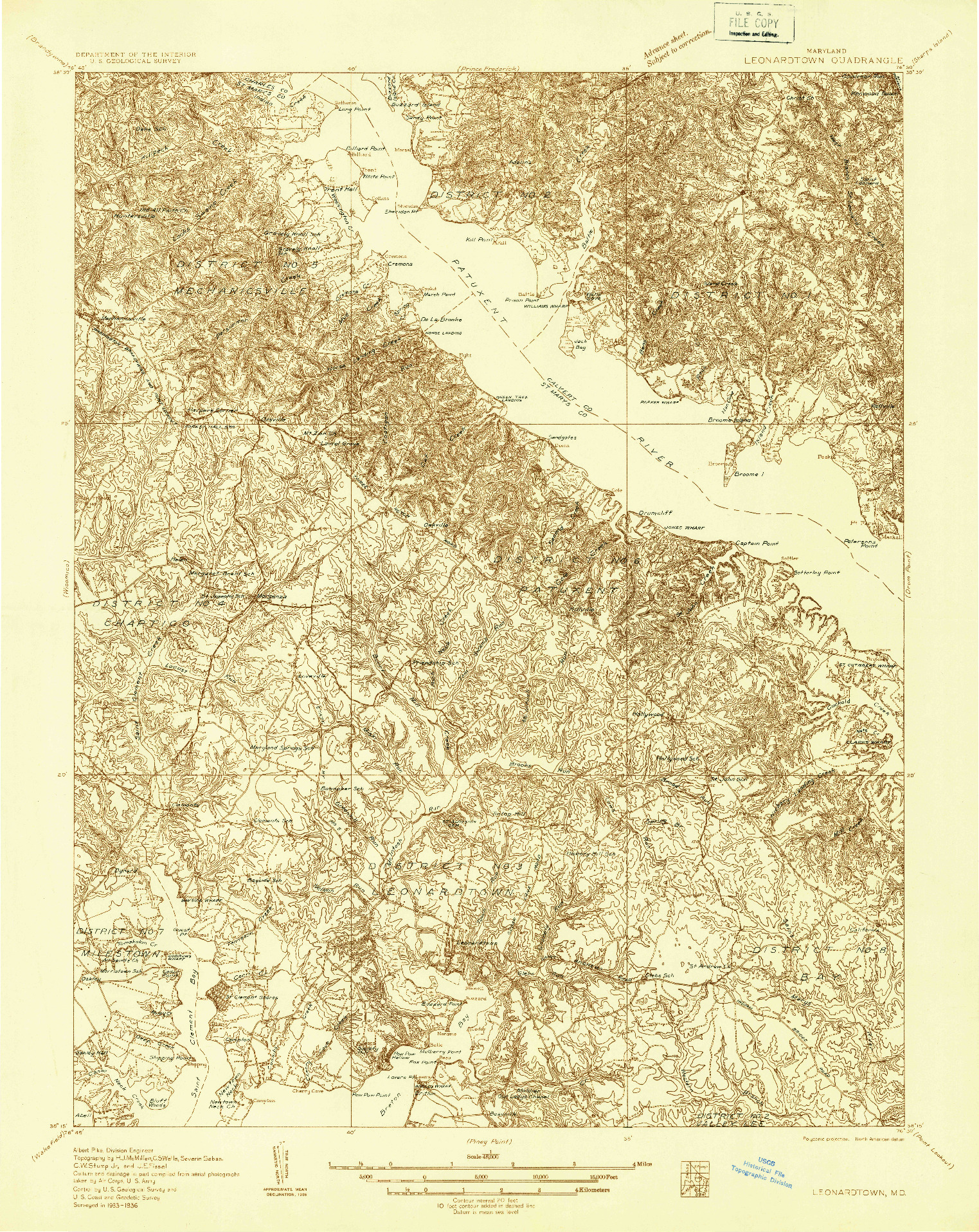 USGS 1:48000-SCALE QUADRANGLE FOR LEONARDTOWN, MD 1936