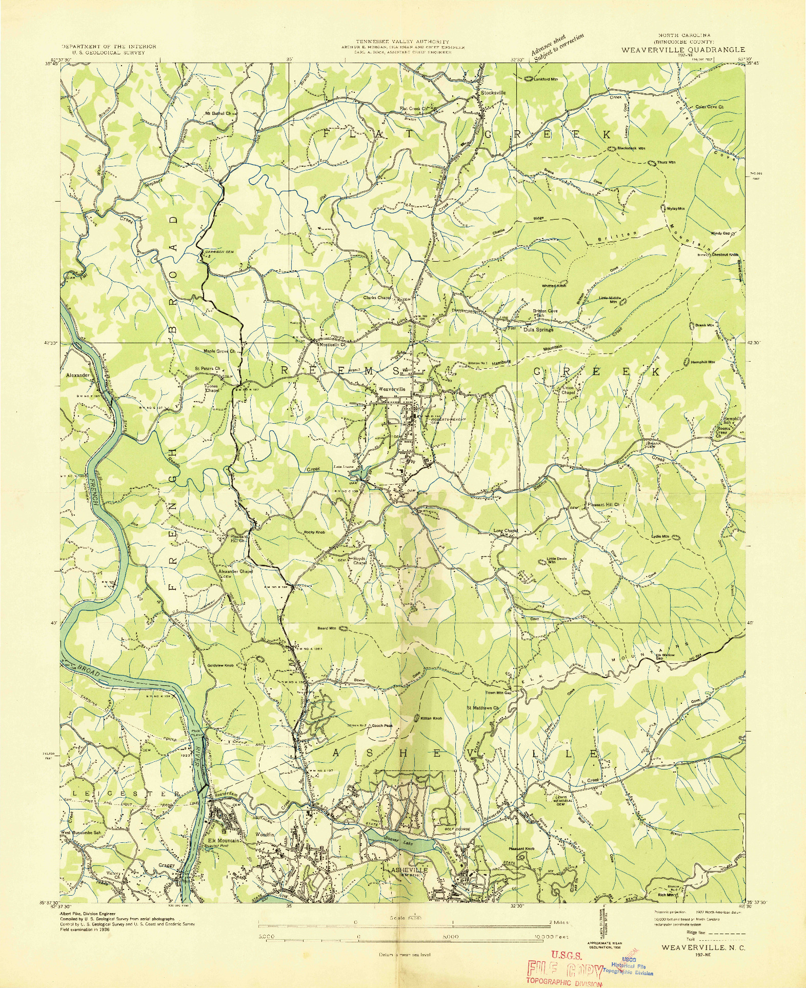 USGS 1:24000-SCALE QUADRANGLE FOR WEAVERVILLE, NC 1936