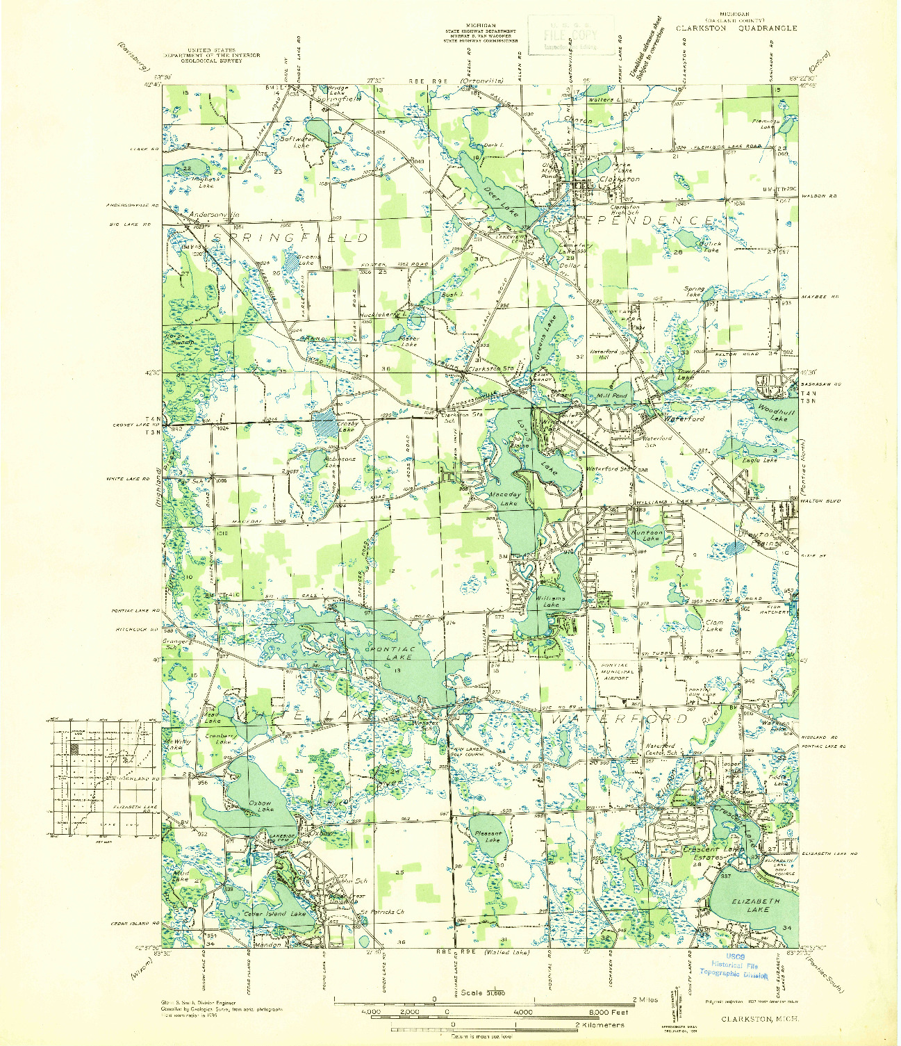 USGS 1:31680-SCALE QUADRANGLE FOR CLARKSTON, MI 1936