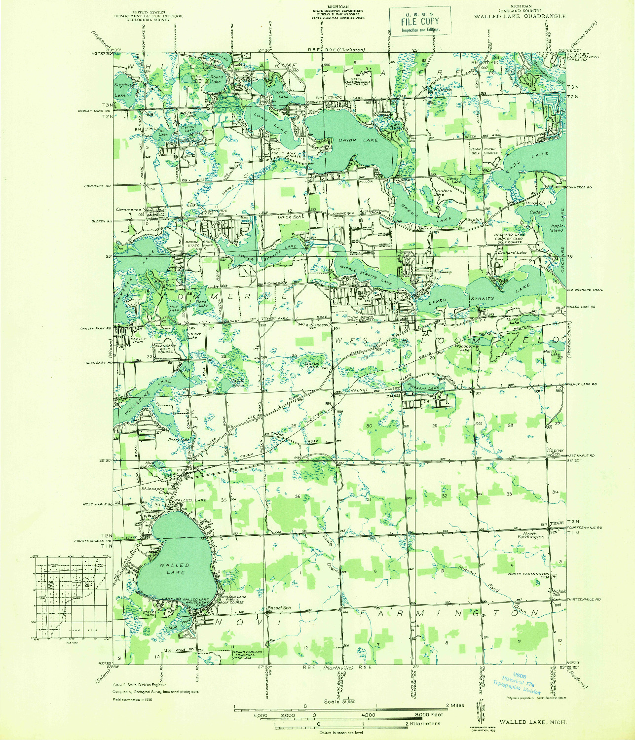 USGS 1:31680-SCALE QUADRANGLE FOR WALLED LAKE, MI 1936