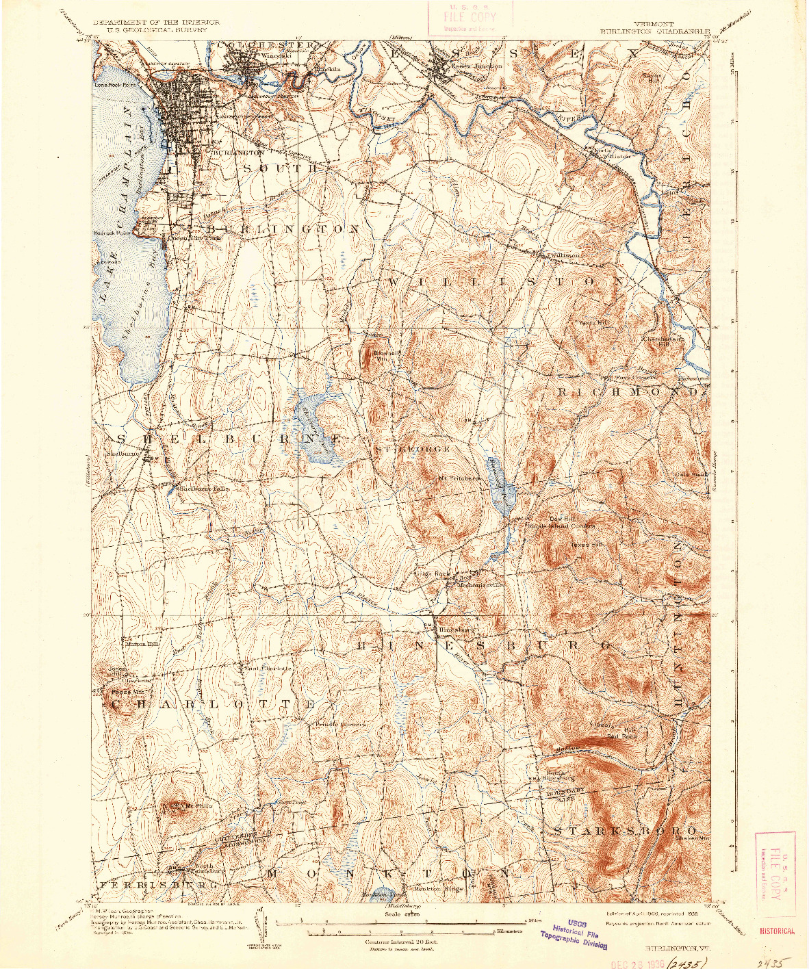 USGS 1:62500-SCALE QUADRANGLE FOR BURLINGTON, VT 1906