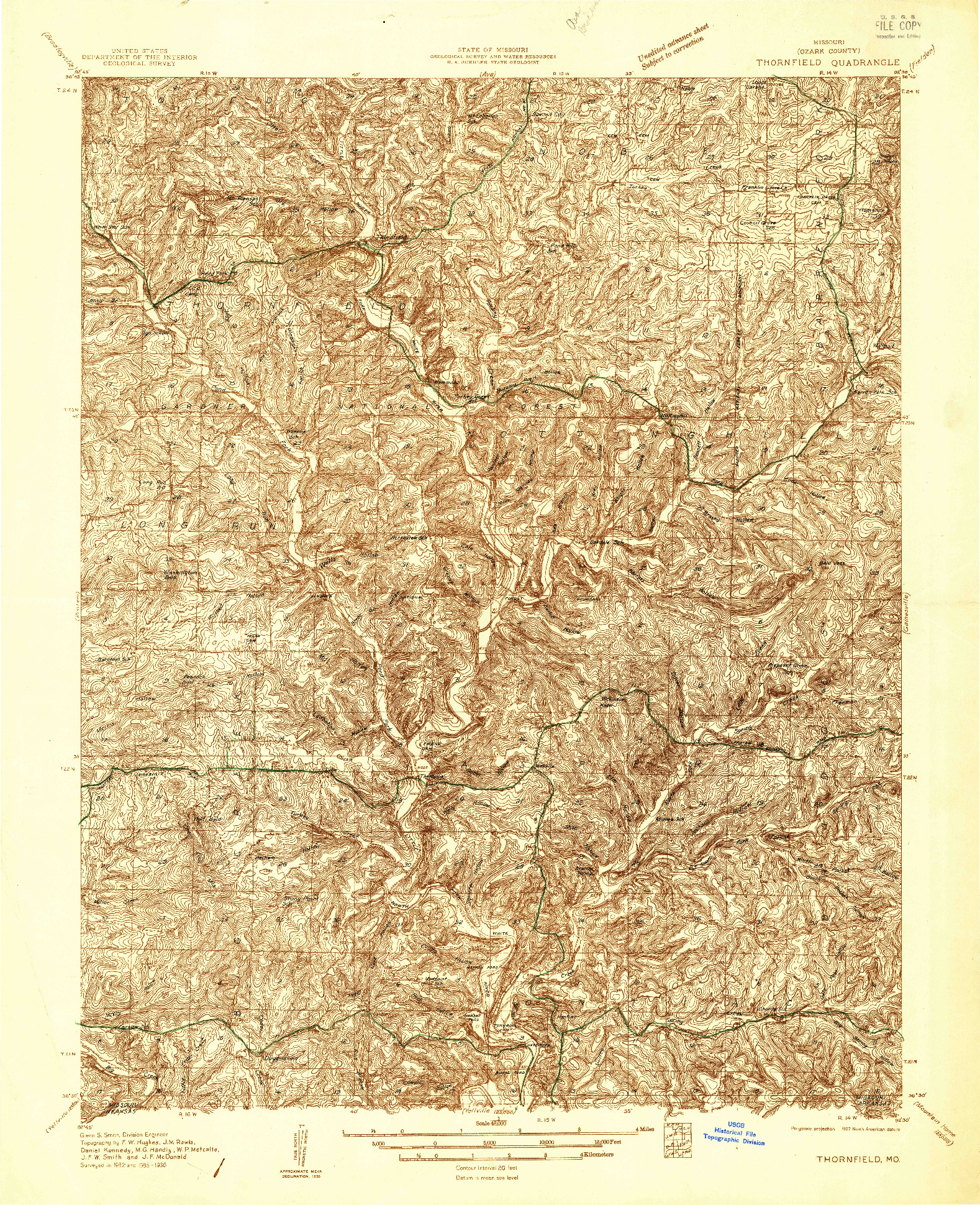 USGS 1:48000-SCALE QUADRANGLE FOR THORNFIELD, MO 1936