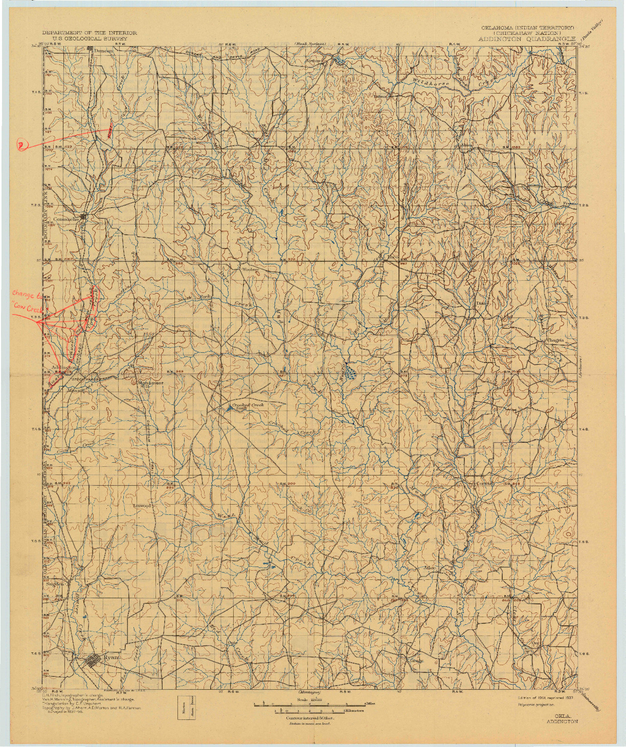 USGS 1:125000-SCALE QUADRANGLE FOR ADDINGTON, OK 1901