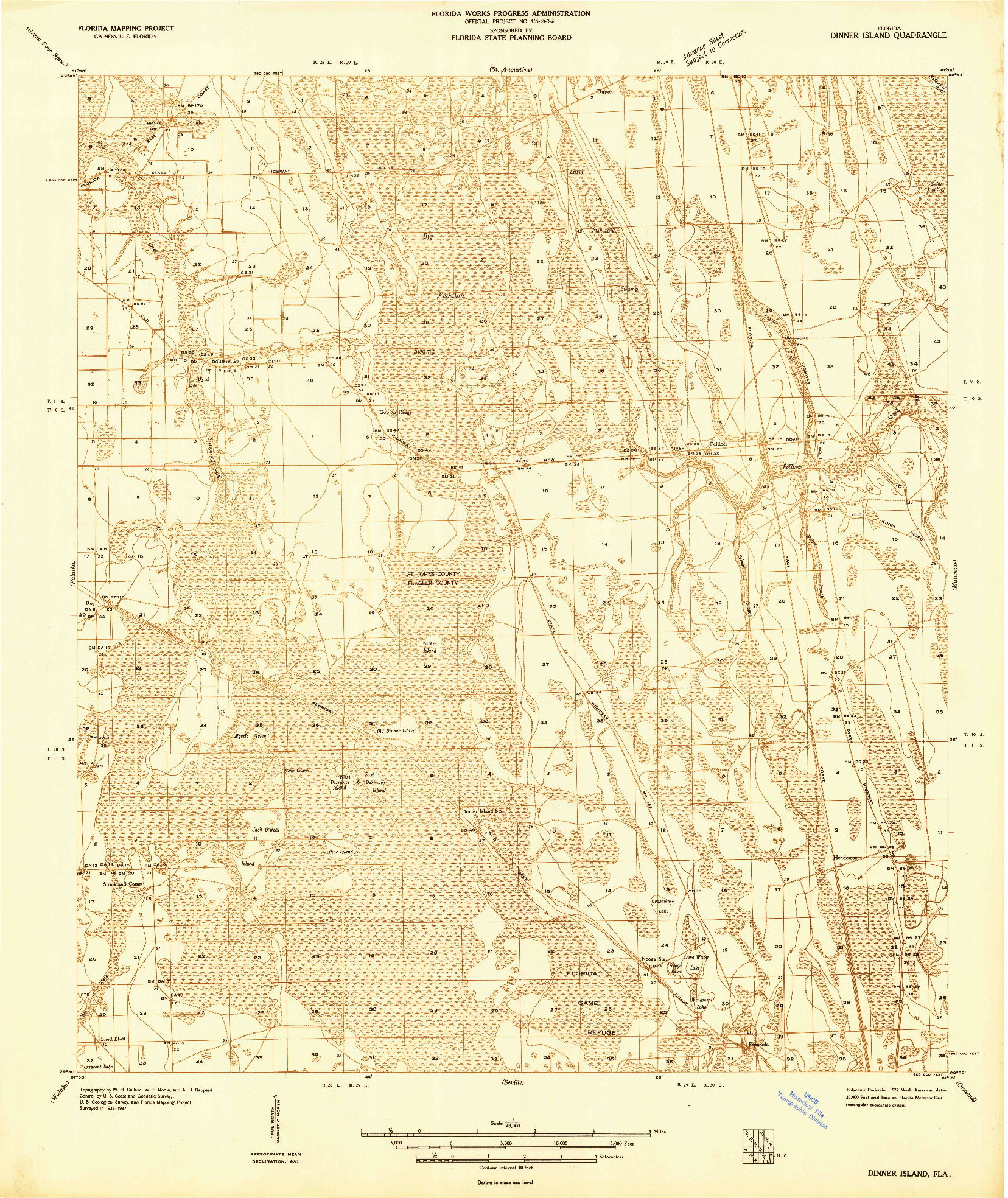 USGS 1:48000-SCALE QUADRANGLE FOR DINNER ISLAND, FL 1937