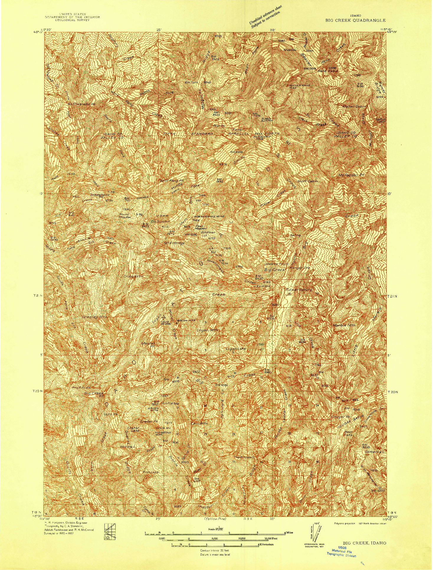 USGS 1:48000-SCALE QUADRANGLE FOR BIG CREEK, ID 1937