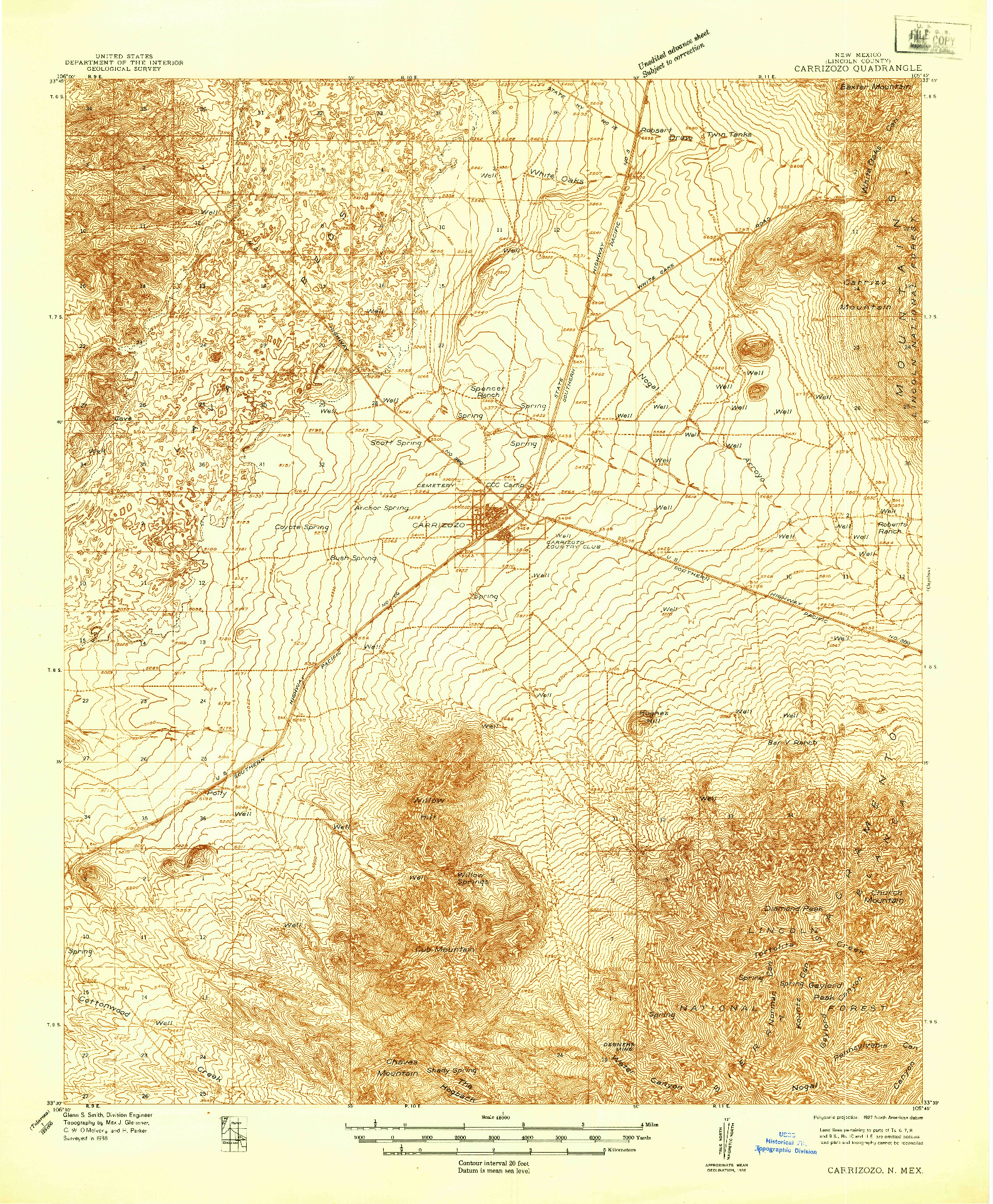USGS 1:48000-SCALE QUADRANGLE FOR CARRIZOZO, NM 1938
