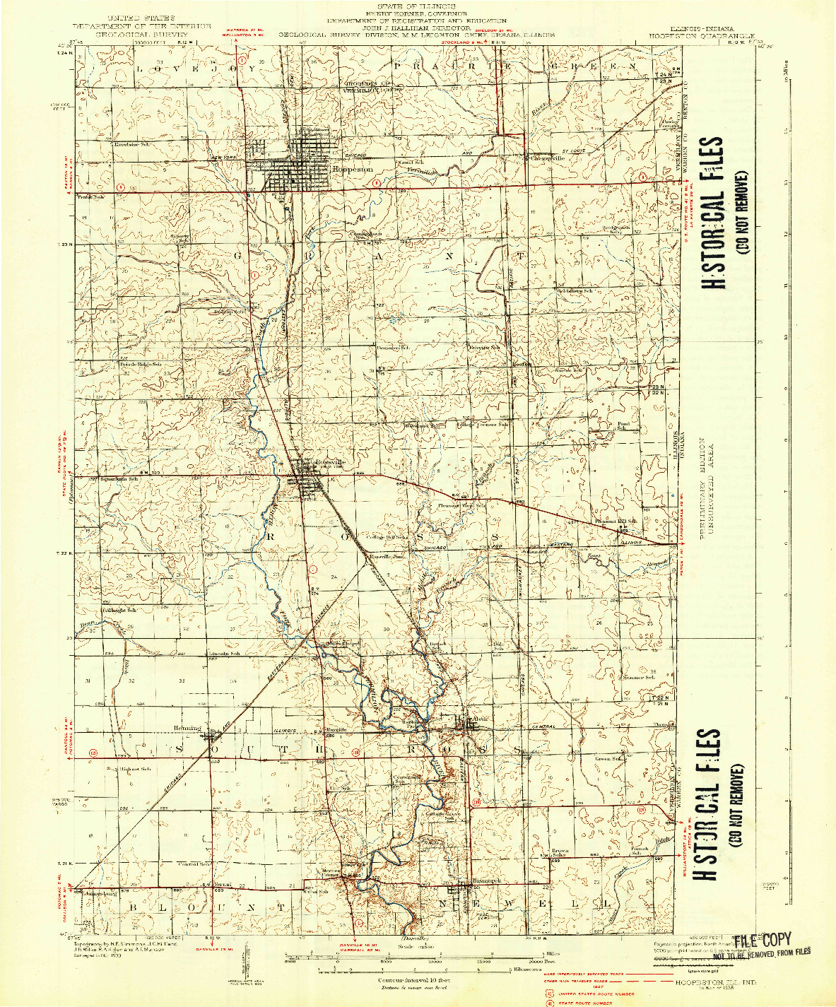 USGS 1:62500-SCALE QUADRANGLE FOR HOOPESTON, IL 1938