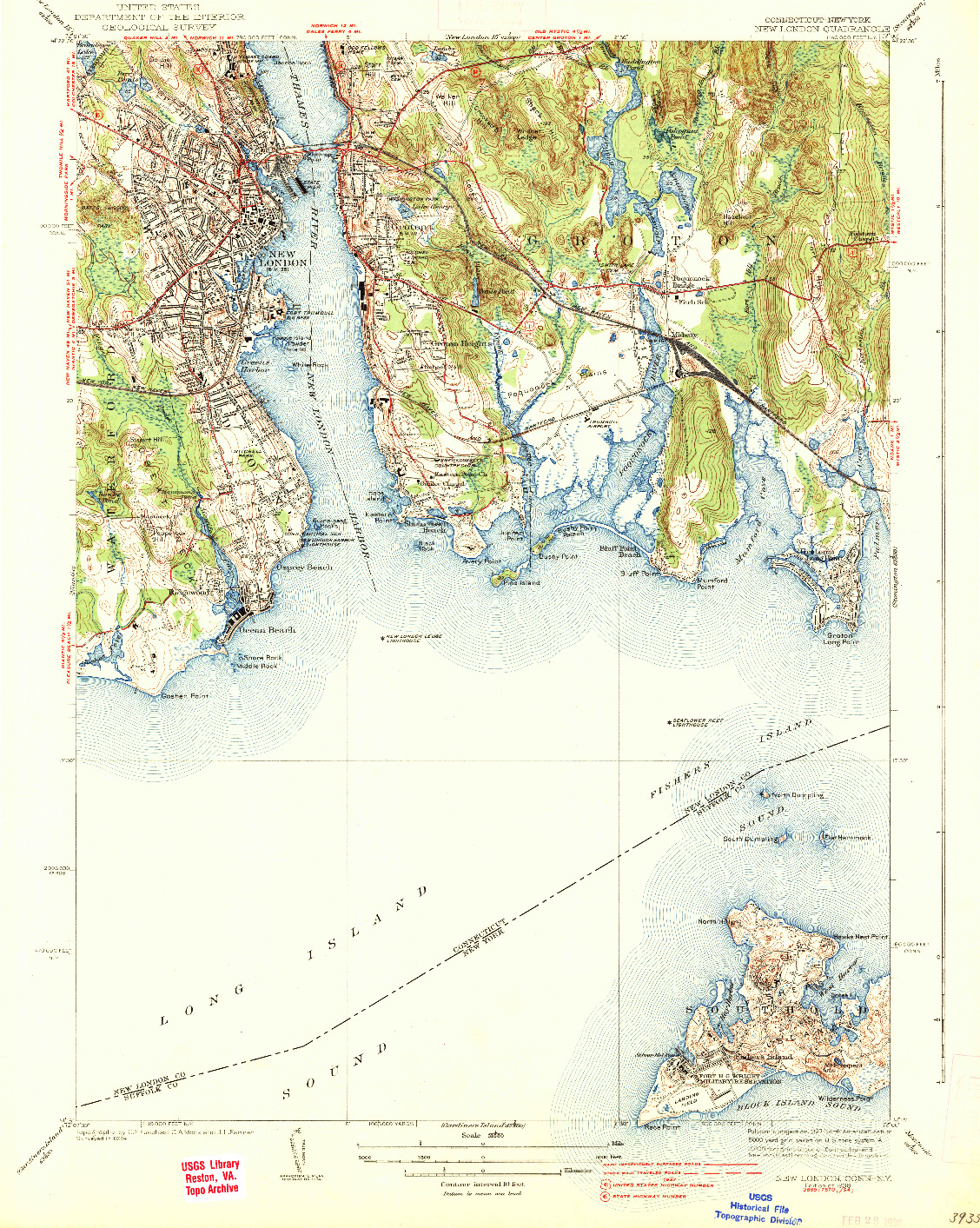 USGS 1:31680-SCALE QUADRANGLE FOR NEW LONDON, CT 1938