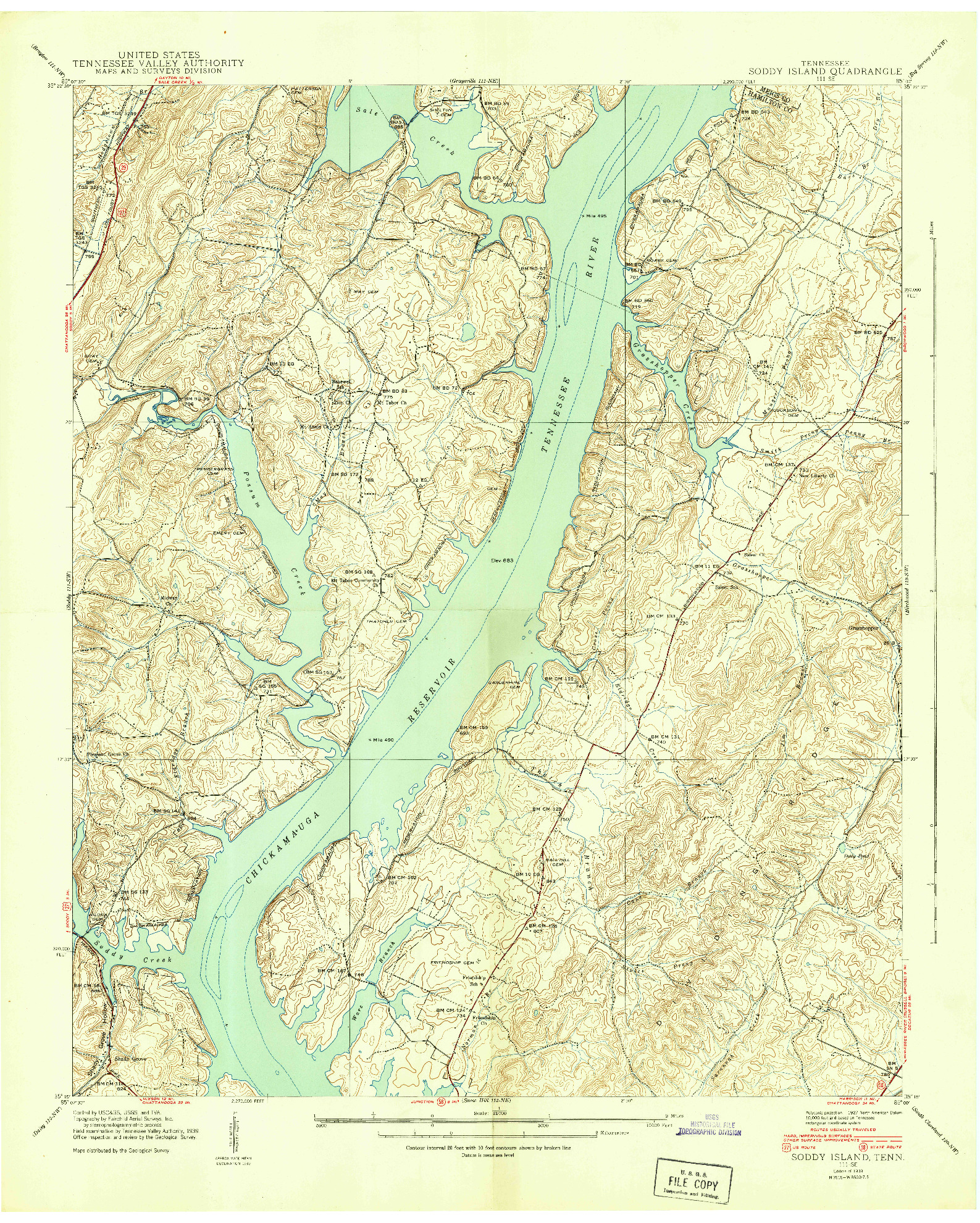 USGS 1:24000-SCALE QUADRANGLE FOR SODDY ISLAND, TN 1939