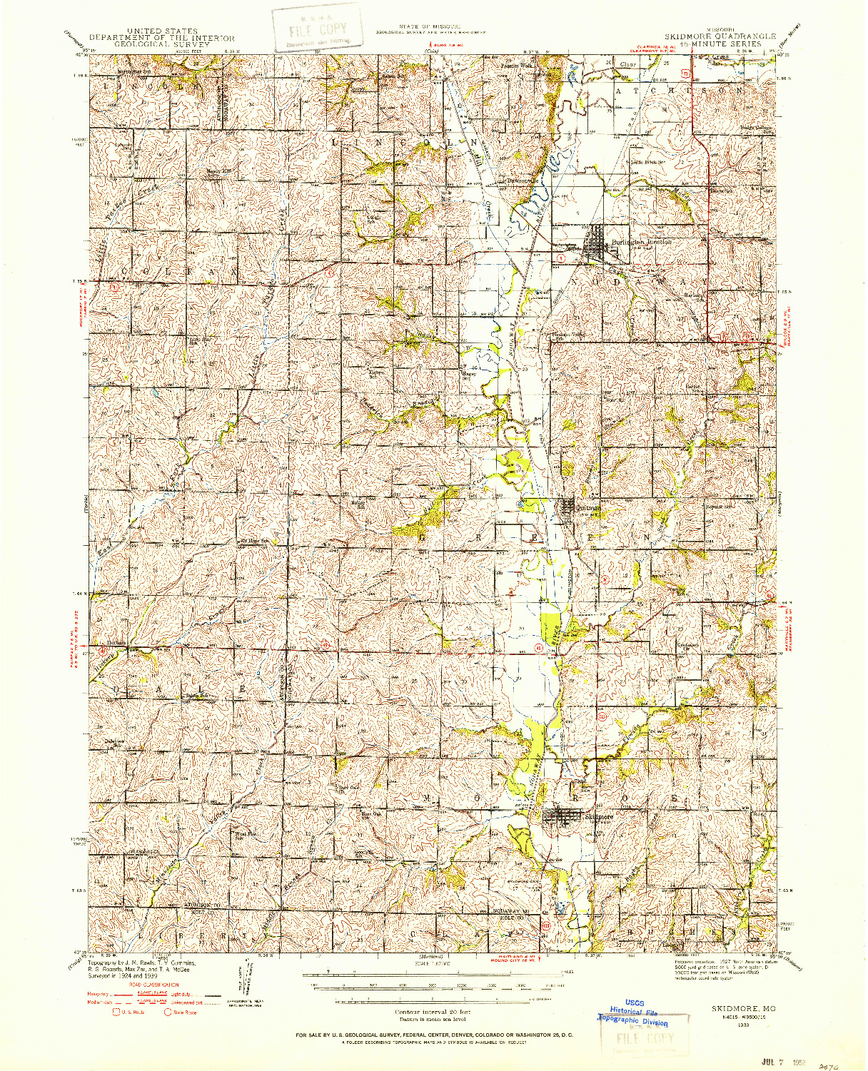 USGS 1:62500-SCALE QUADRANGLE FOR SKIDMORE, MO 1939