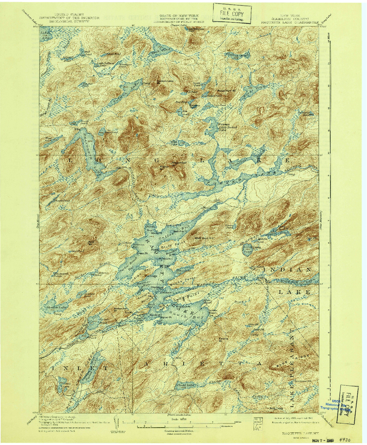 USGS 1:62500-SCALE QUADRANGLE FOR RAQUETTE LAKE, NY 1903