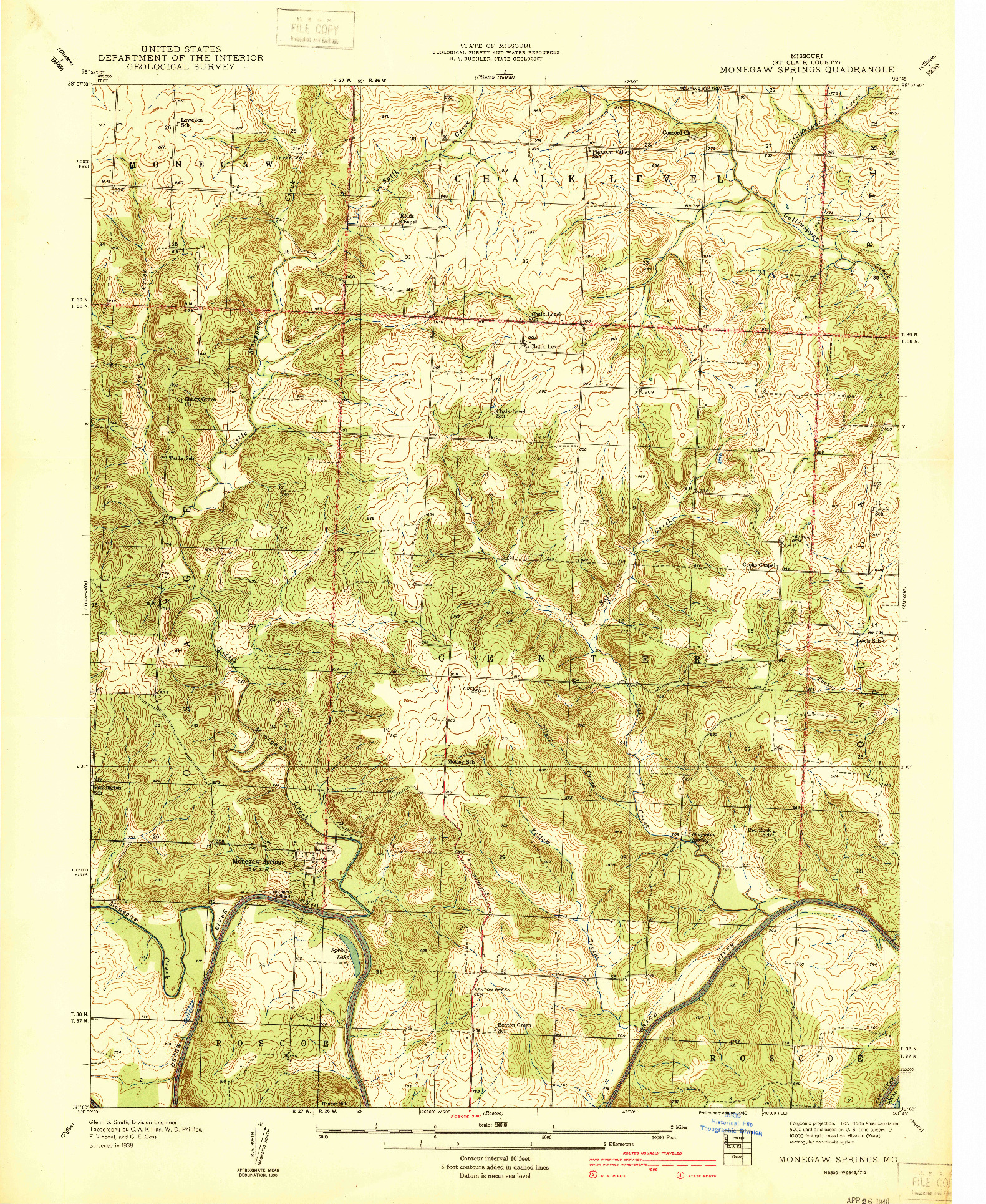 USGS 1:24000-SCALE QUADRANGLE FOR MONEGAW SPRINGS, MO 1940