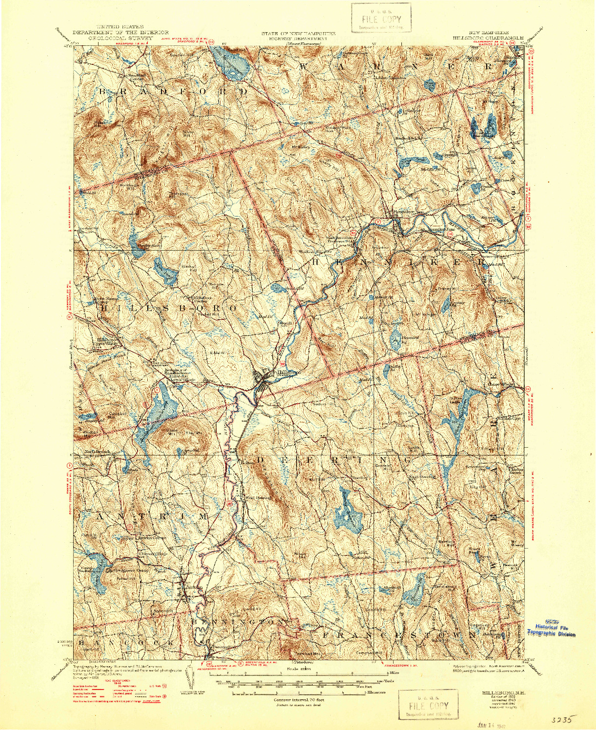 USGS 1:62500-SCALE QUADRANGLE FOR HILLSBORO, NH 1929
