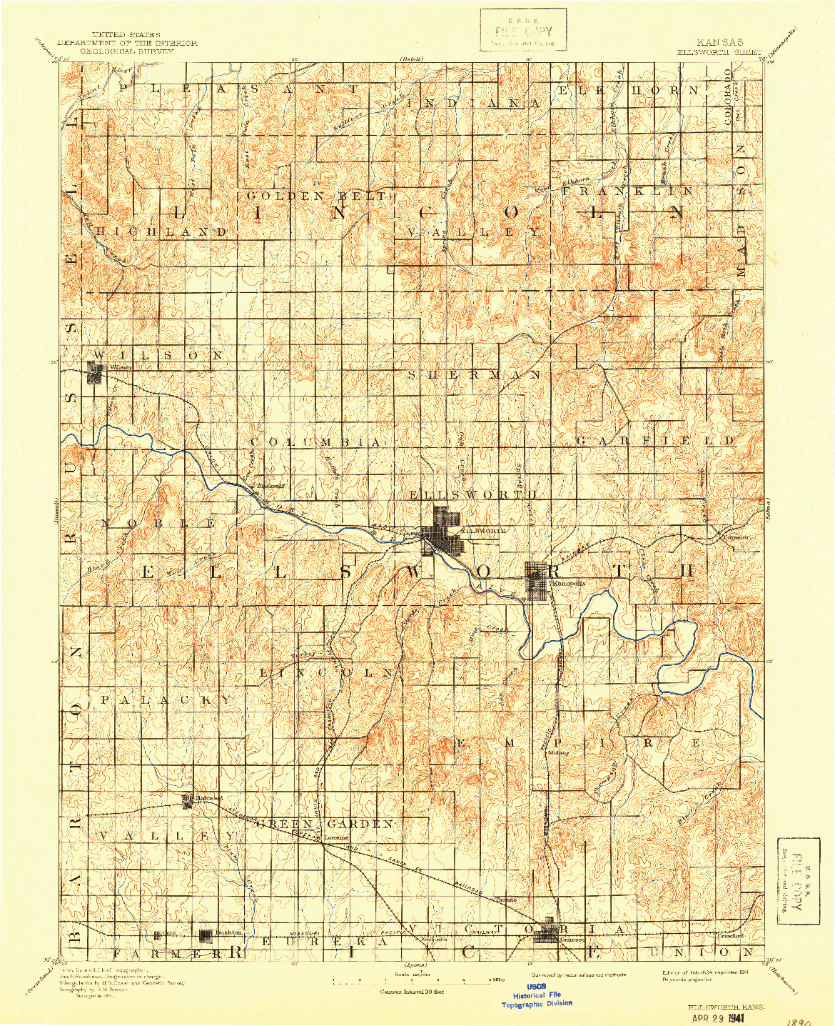 USGS 1:125000-SCALE QUADRANGLE FOR ELLSWORTH, KS 1894