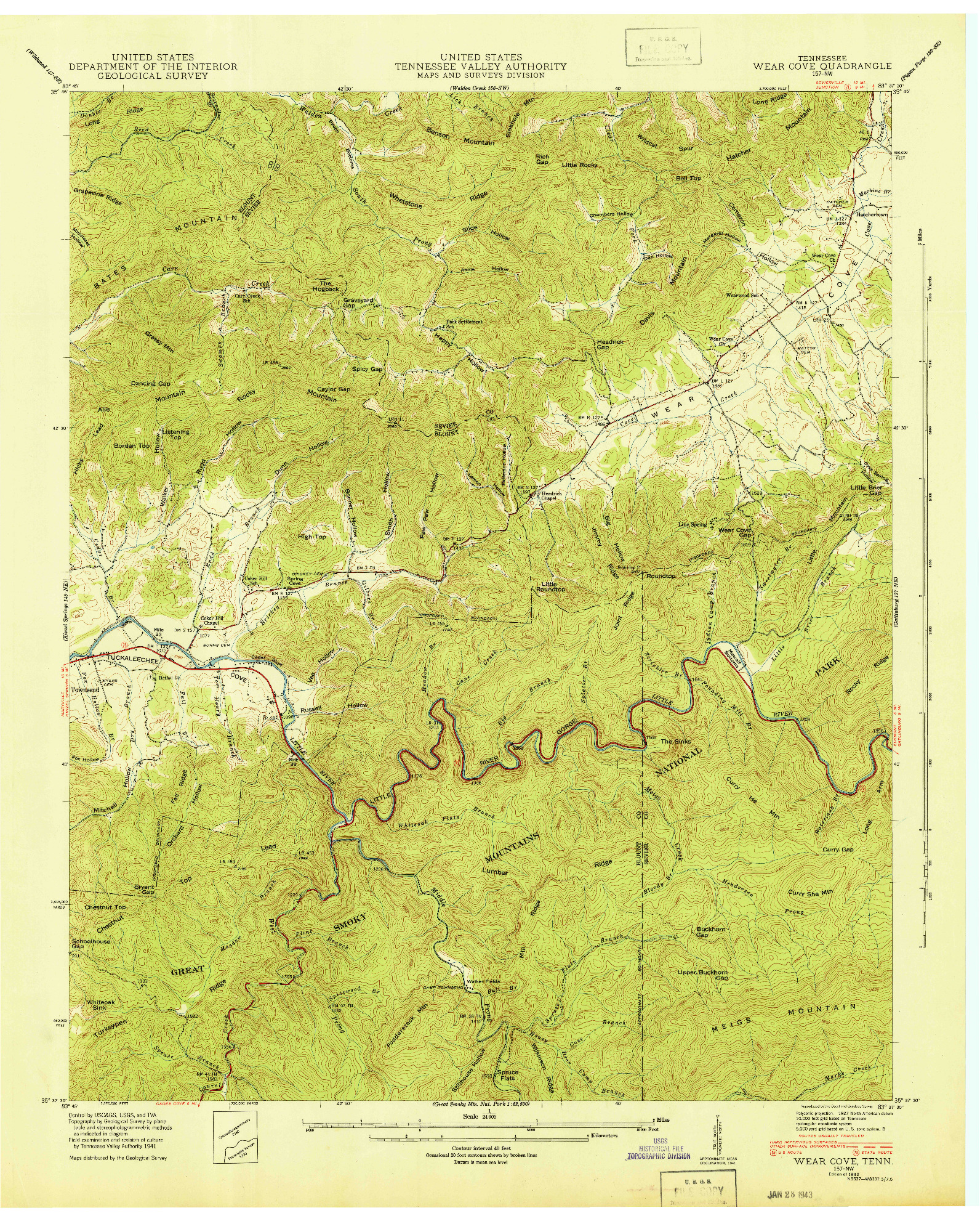 USGS 1:24000-SCALE QUADRANGLE FOR WEAR COVE, TN 1942