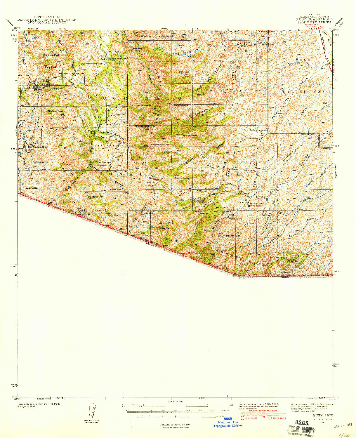 USGS 1:62500-SCALE QUADRANGLE FOR RUBY, AZ 1942