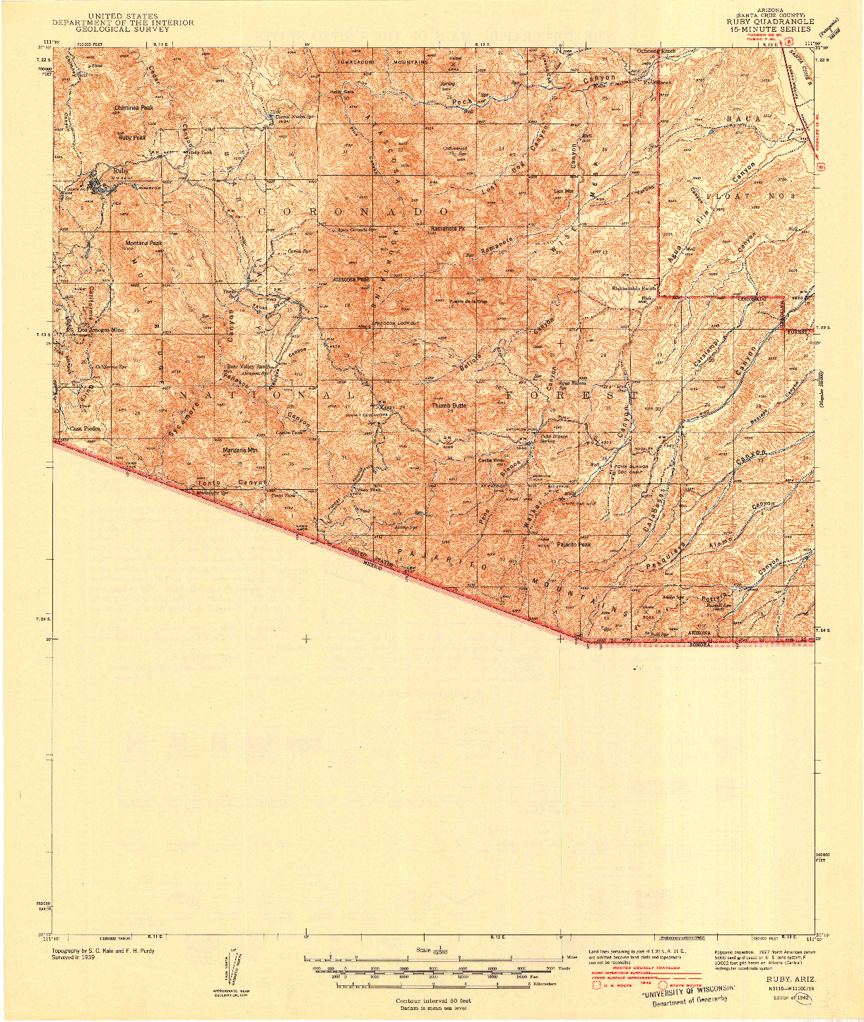 USGS 1:62500-SCALE QUADRANGLE FOR RUBY, AZ 1942