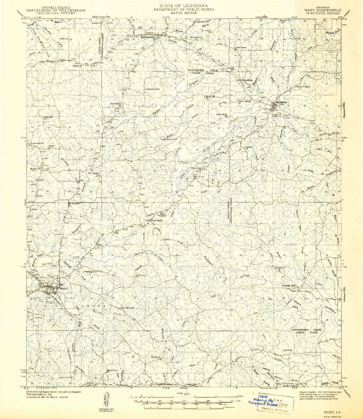 USGS 1:62500-SCALE QUADRANGLE FOR MANY, LA 1942