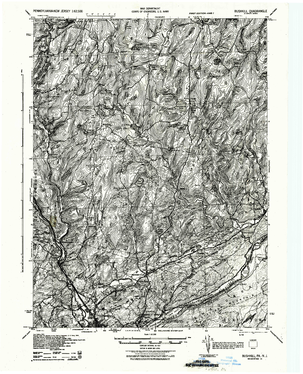 USGS 1:62500-SCALE QUADRANGLE FOR BUSHKILL, PA 1943