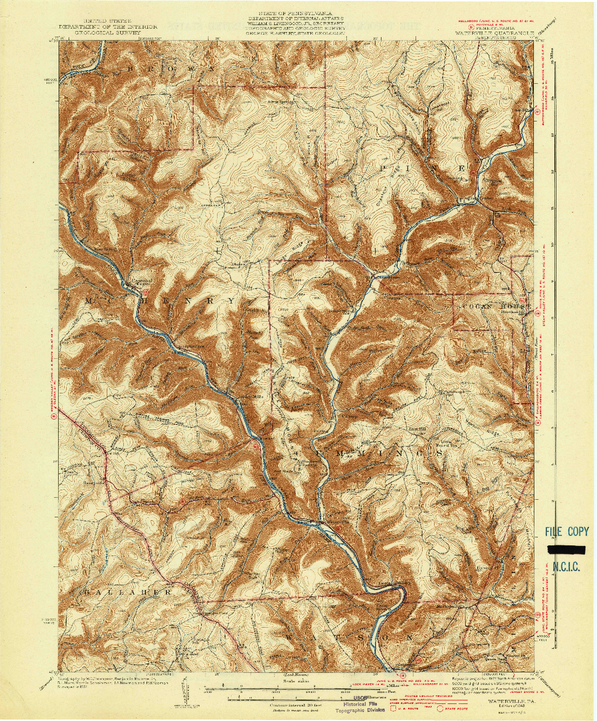 USGS 1:62500-SCALE QUADRANGLE FOR WATERVILLE, PA 1943