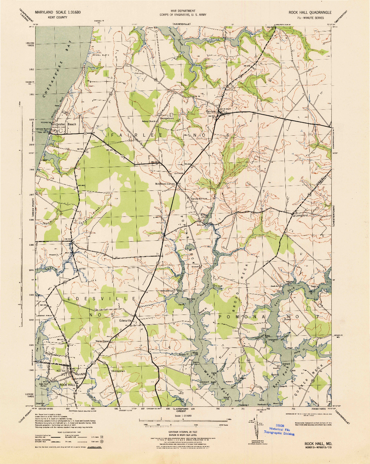 USGS 1:31680-SCALE QUADRANGLE FOR ROCK HALL, MD 1943