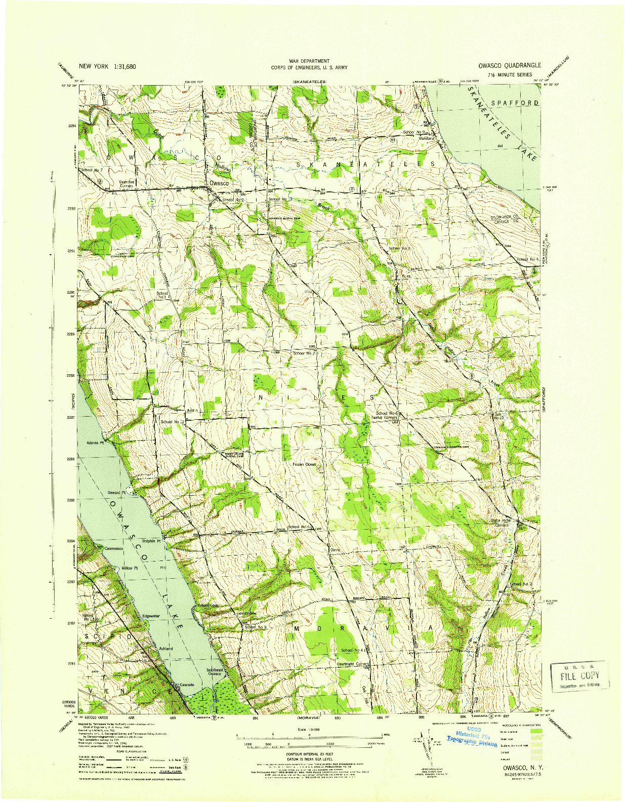 USGS 1:31680-SCALE QUADRANGLE FOR OWASCO, NY 1943