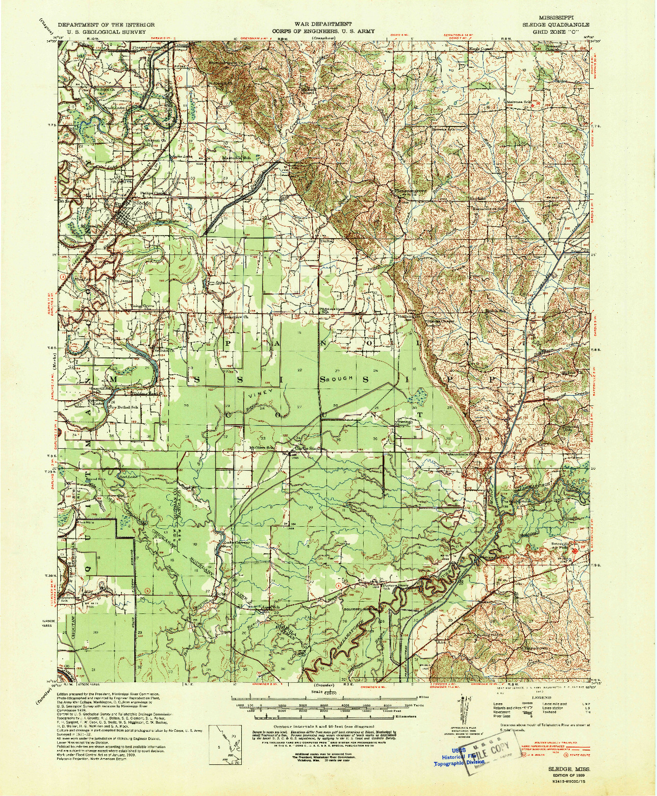 USGS 1:62500-SCALE QUADRANGLE FOR SLEDGE, MS 1939