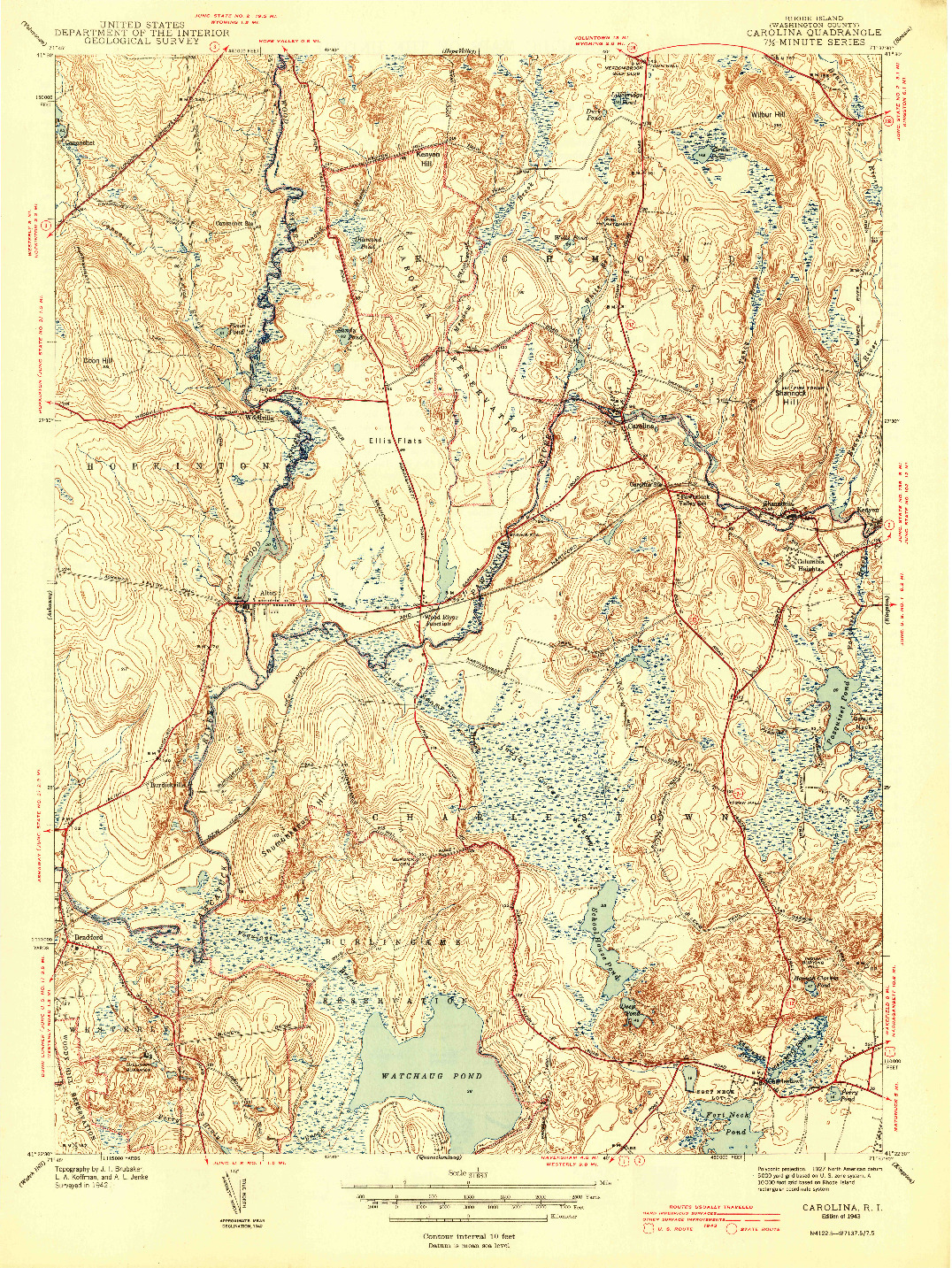 USGS 1:31680-SCALE QUADRANGLE FOR CAROLINA, RI 1943