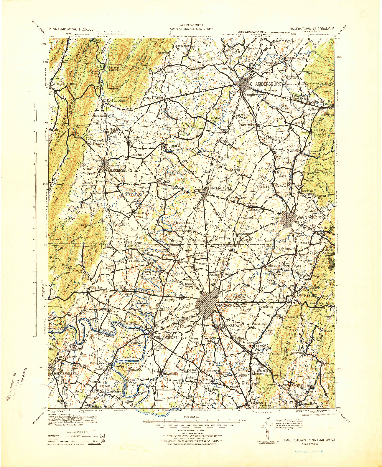 USGS 1:125000-SCALE QUADRANGLE FOR HAGERSTOWN, PA 1943