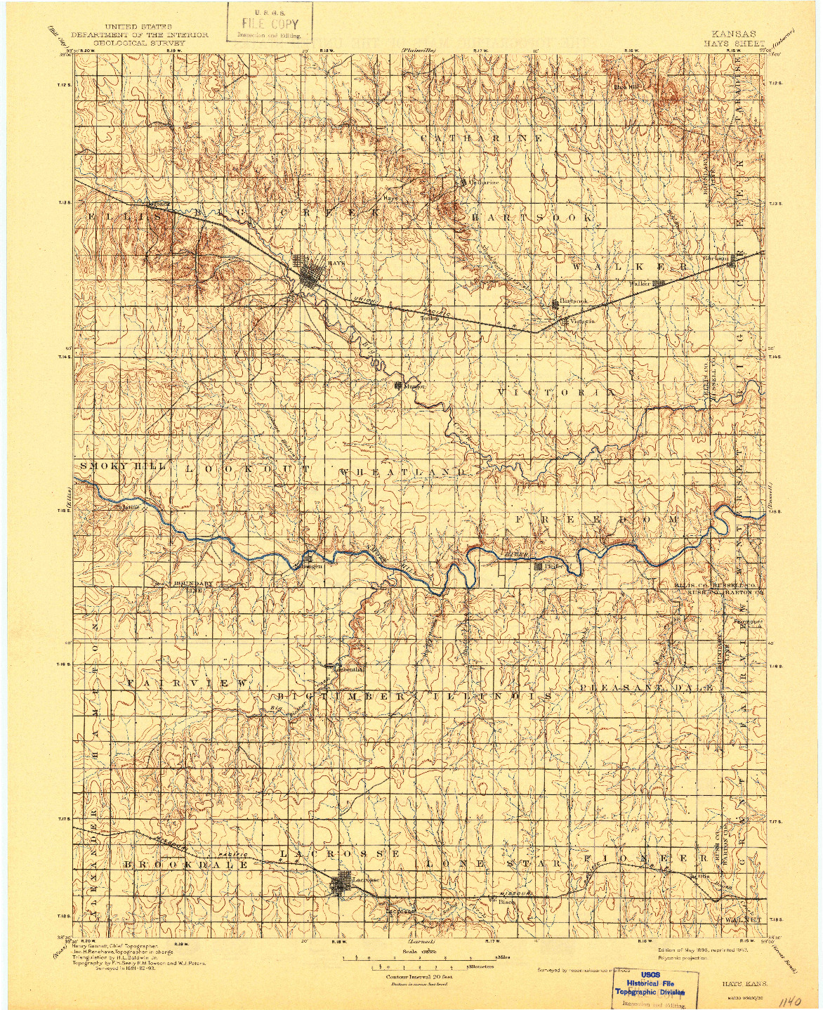 USGS 1:125000-SCALE QUADRANGLE FOR HAYS, KS 1896