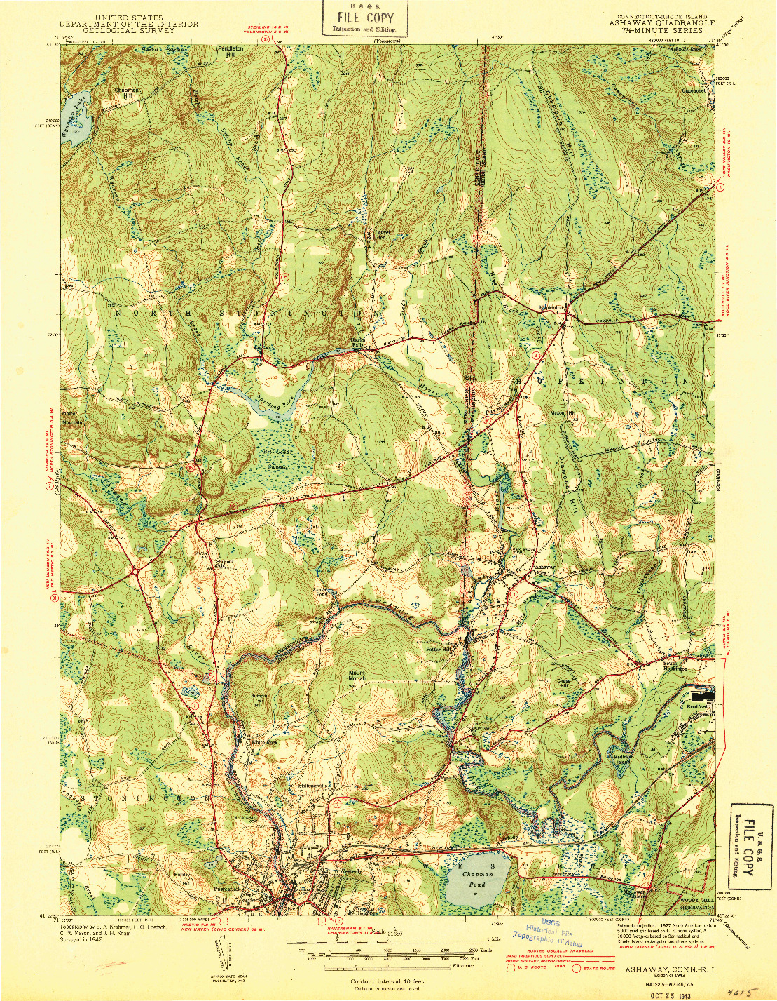 USGS 1:31680-SCALE QUADRANGLE FOR ASHAWAY, CT 1943